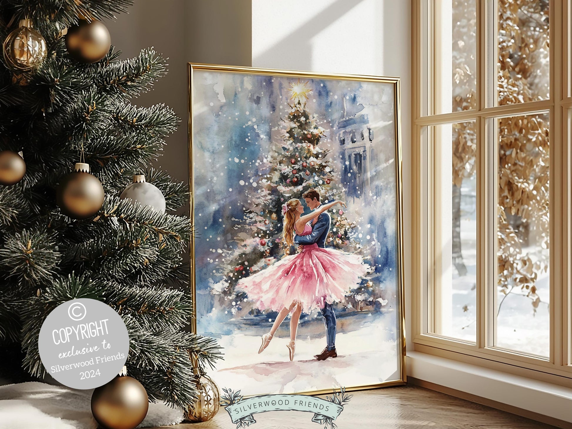 Pink Ballet Christmas Print, Ballerina Christmas Printable Wall Art, Festive Christmas Holiday Decor, Couples Christmas Tree Digital Print