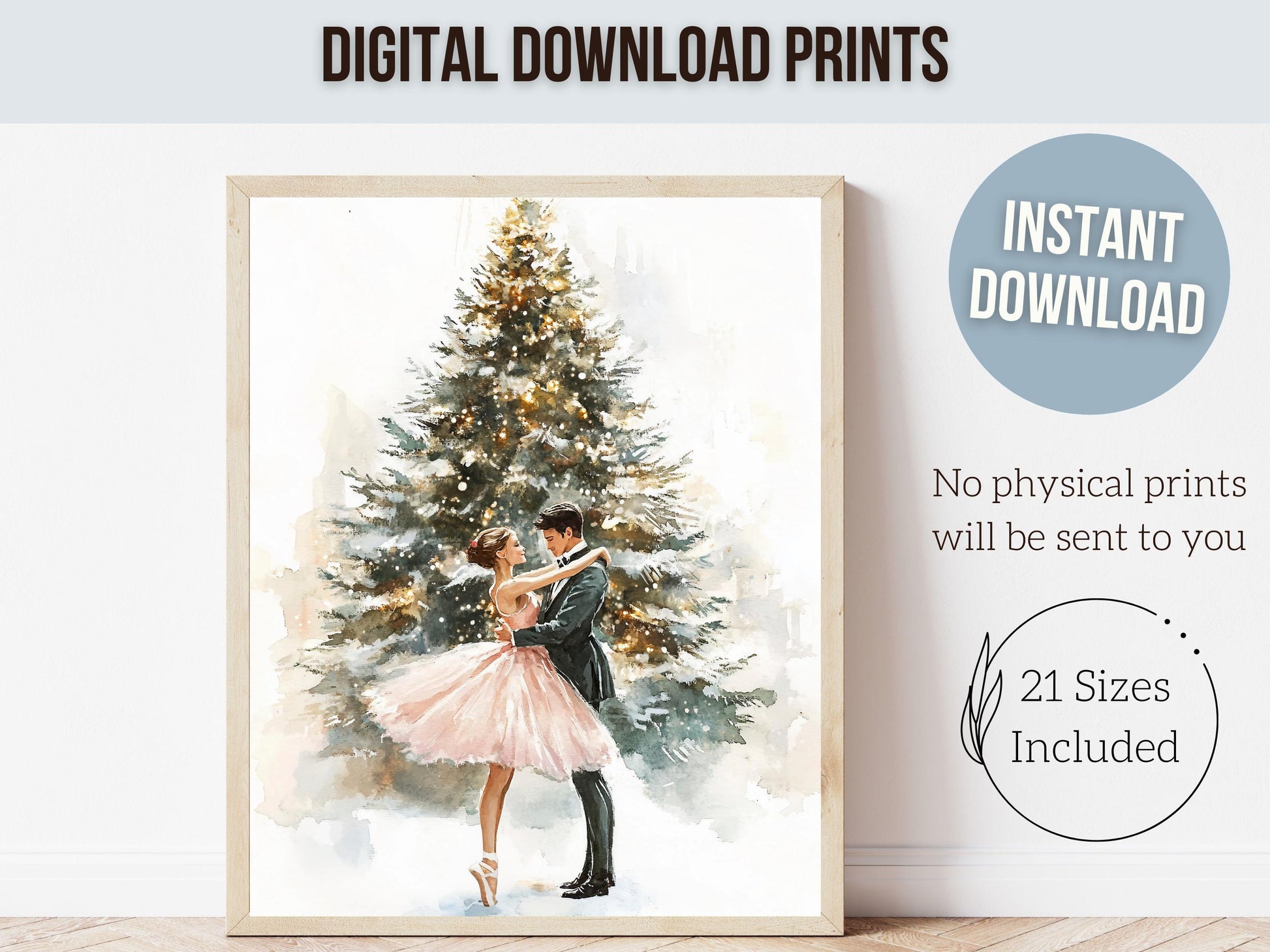 Pink Ballet Christmas Print, Ballerina Christmas Printable Wall Art, Festive Christmas Holiday Decor, Pink Gold Christmas Tree Digital Print