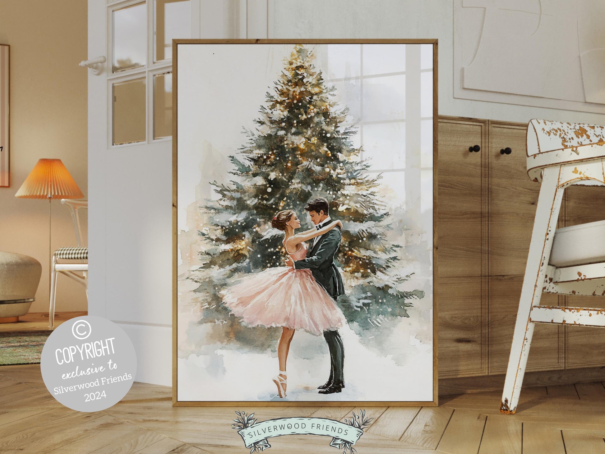 Pink Ballet Christmas Print, Ballerina Christmas Printable Wall Art, Festive Christmas Holiday Decor, Pink Gold Christmas Tree Digital Print