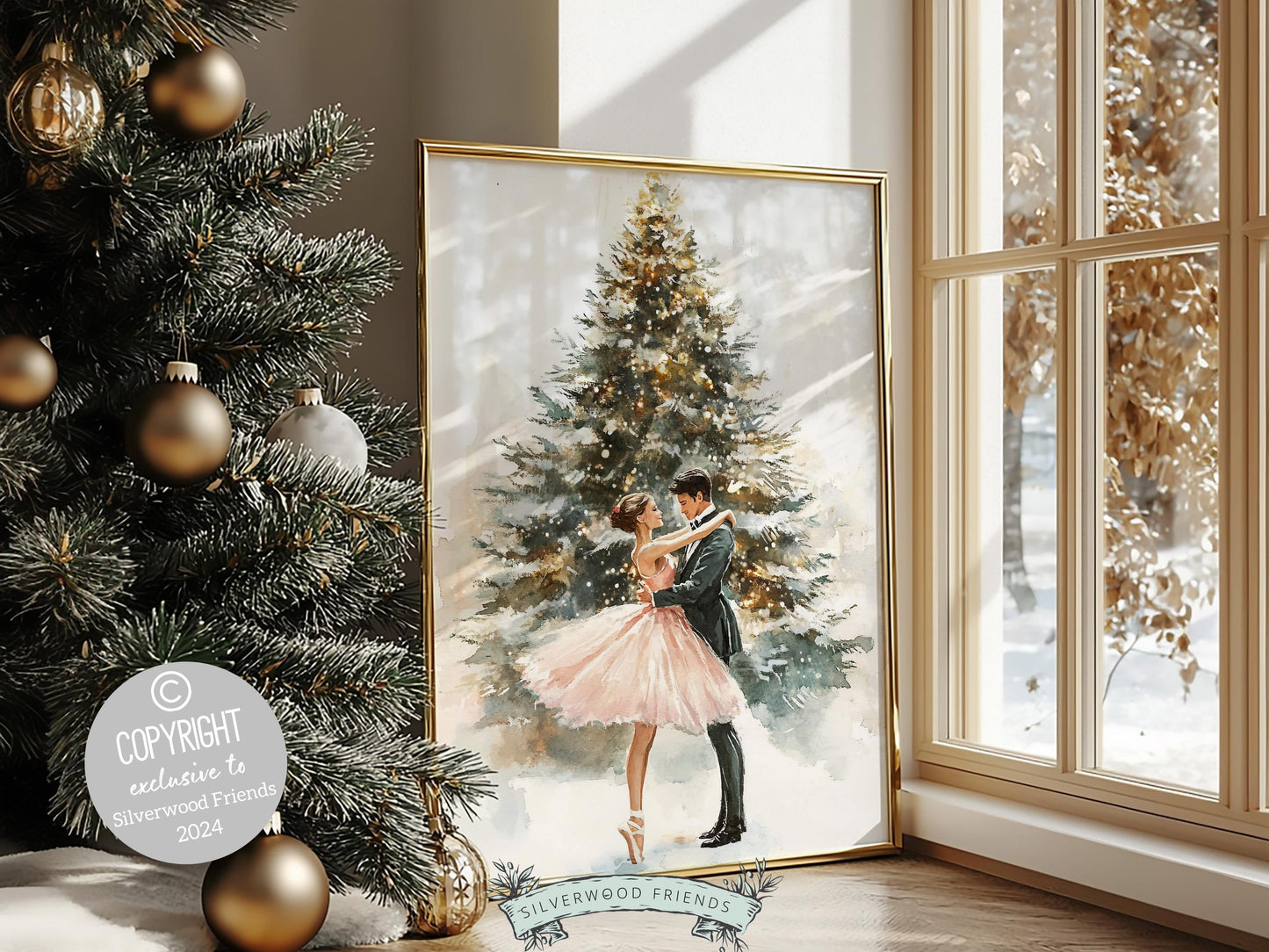 Pink Ballet Christmas Print, Ballerina Christmas Printable Wall Art, Festive Christmas Holiday Decor, Pink Gold Christmas Tree Digital Print