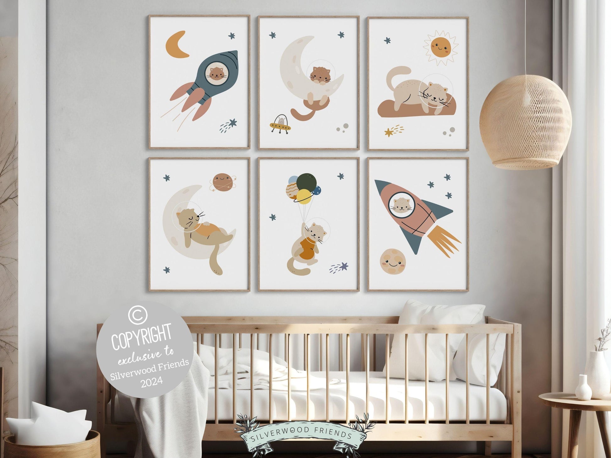 Transform your babys nursery decor into a realm of cosmic wonder with our enchanting Set of 6 Space Nursery Prints featuring cat astronauts, moon, planets, stars, and spaceships.