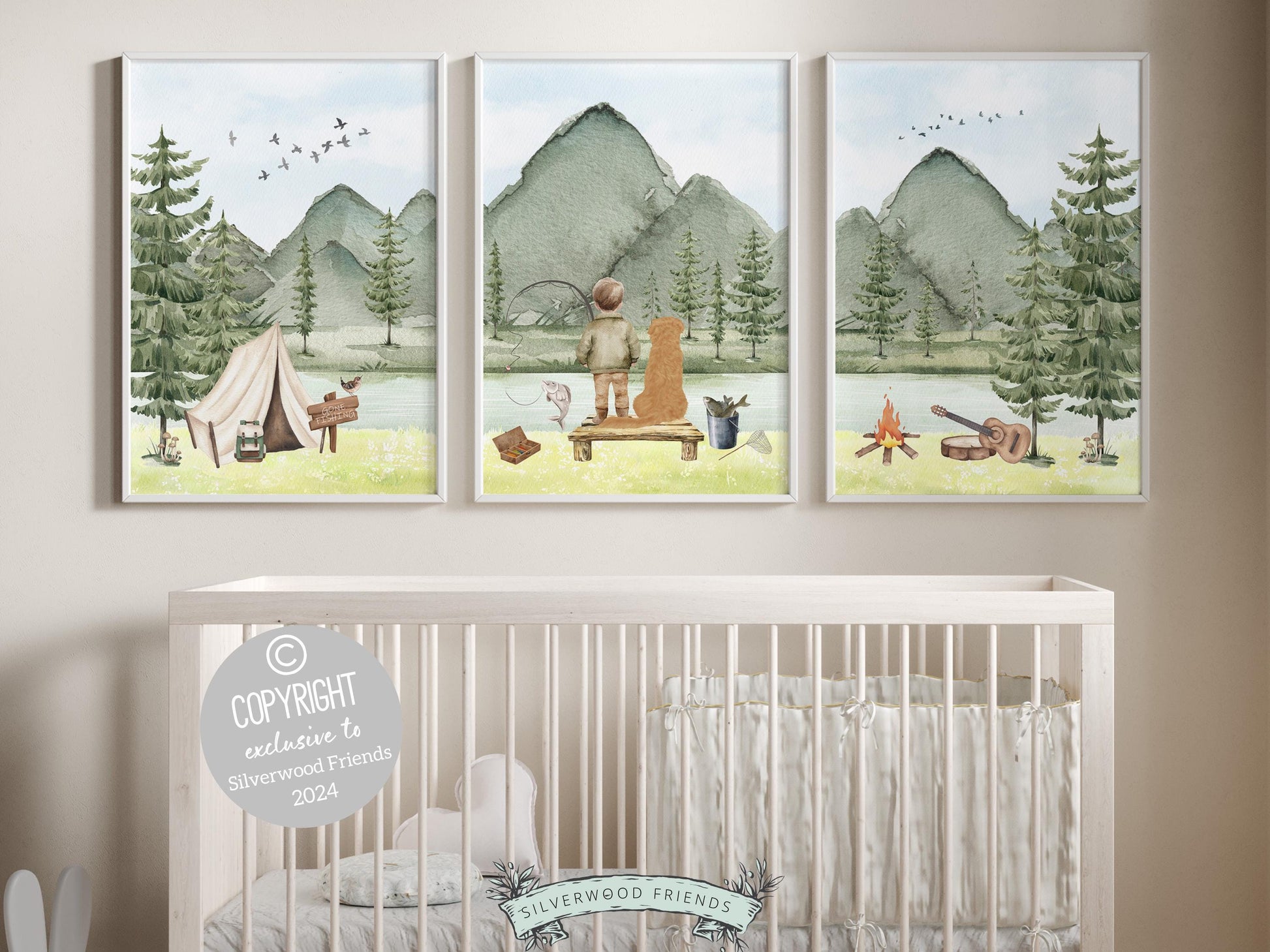 Our adorable watercolor Fishing Nursery Prints featuring a little boy and his dog fishing and camping by a river and woodland forest, are the perfect addition to your babys woodland nursery decor and also make a lovely boys baby shower gift.