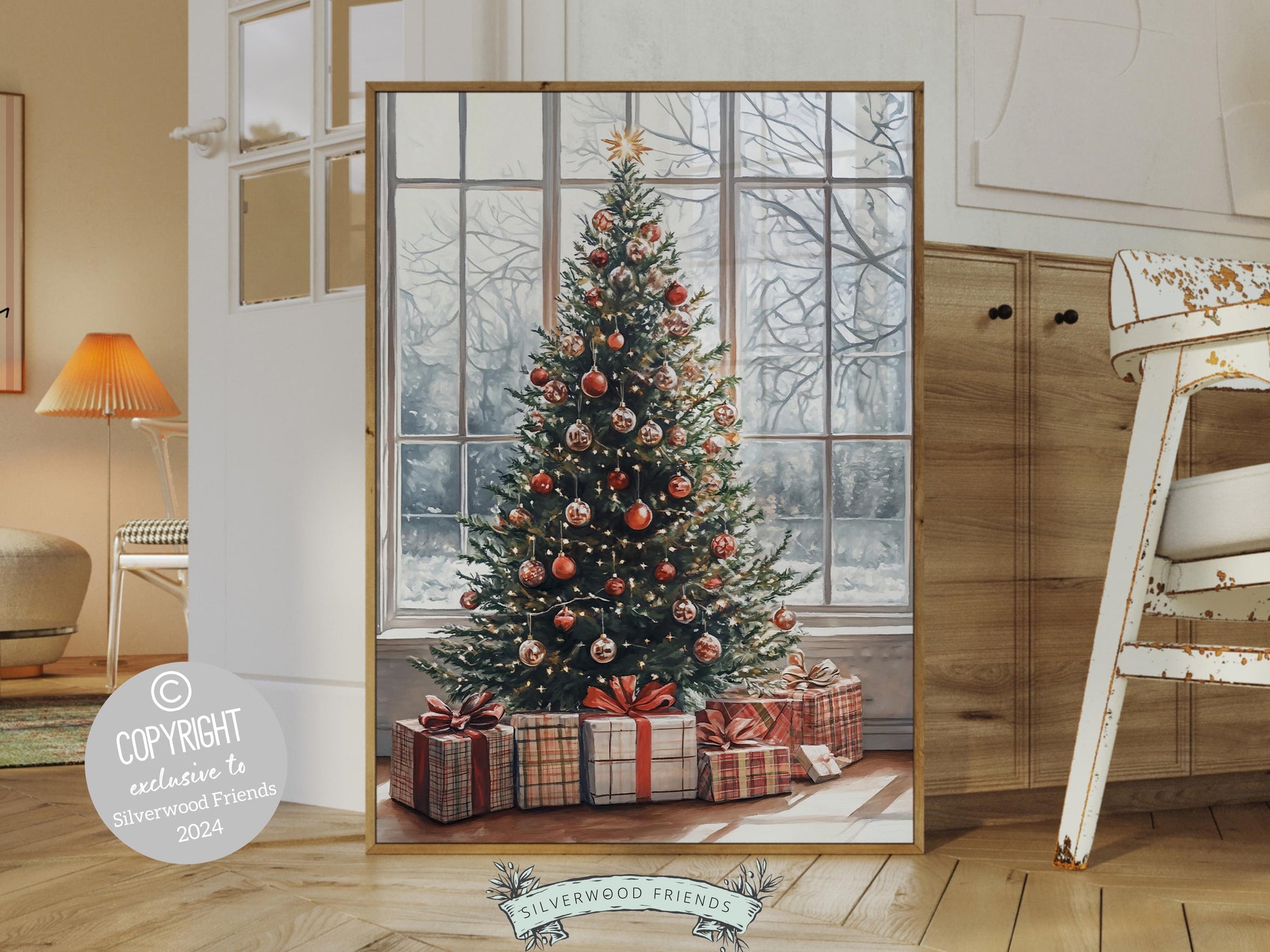 Bring festive magic to any space with this enchanting Christmas tree print, showcasing a beautifully decorated tree with presents beneath. Perfect for country farmhouse decor or as a thoughtful gift this charming artwork adds warmth and holiday cheer