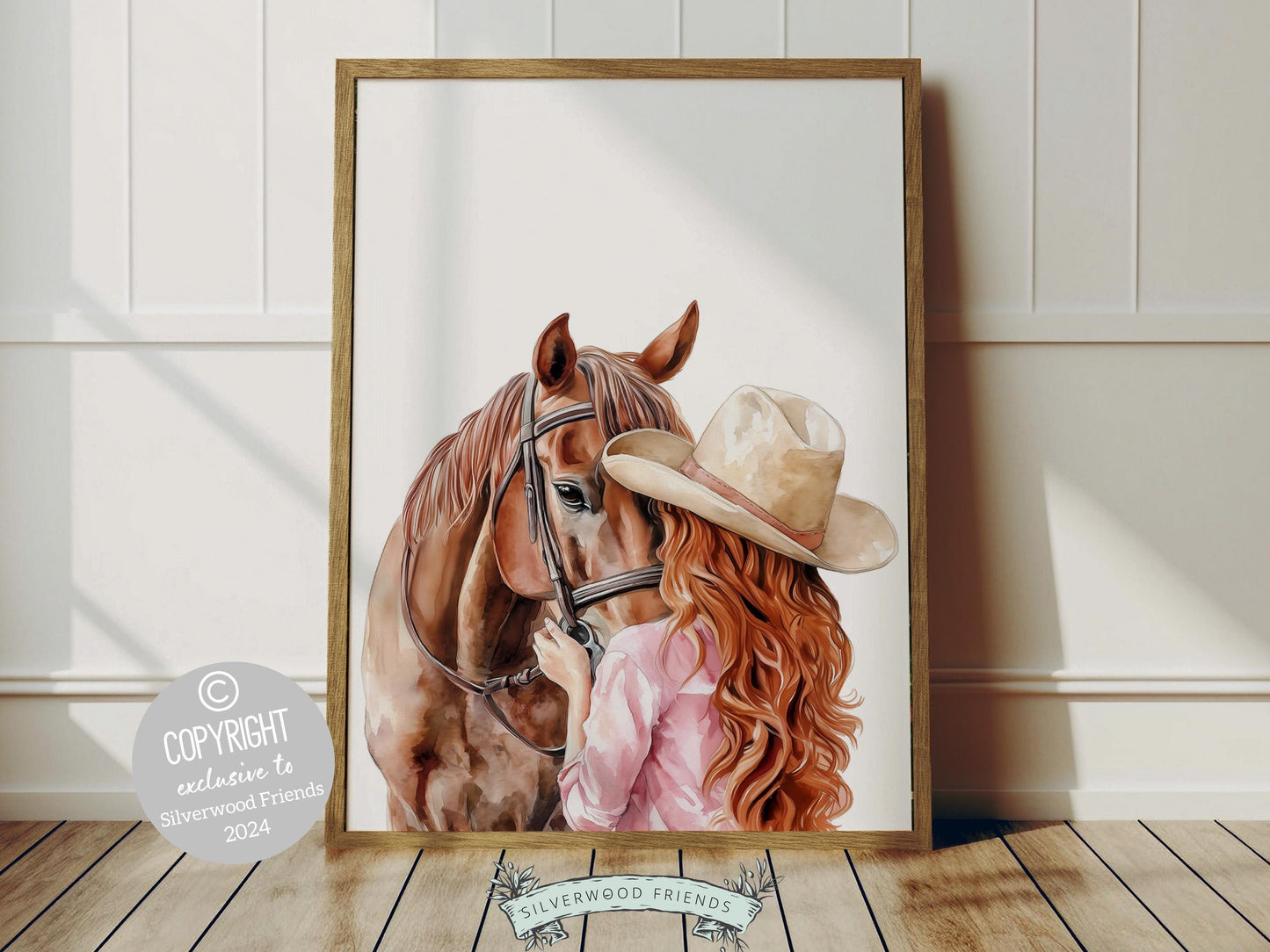 Celebrate the timeless bond between cowgirl and horse with our captivating watercolor print, featuring a tender moment of a cowgirl embracing her horse. Ideal for western nursery decor or adding a touch of western charm to any room.