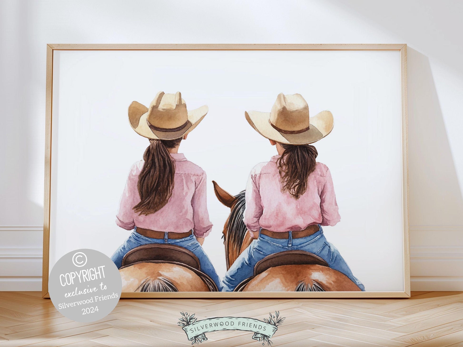 Immerse yourself in the timeless bond between cowgirls and their horses with our enchanting watercolor print, depicting two little girls riding their horses side by side.