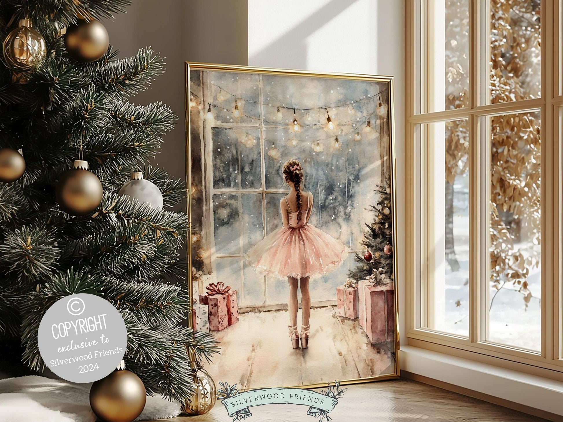 Ballerina Christmas Print, Ballet Nursery Decor Print, Festive Christmas Printable Wall Art, Seasonal Holiday Decor, Xmas Tree Digital Print