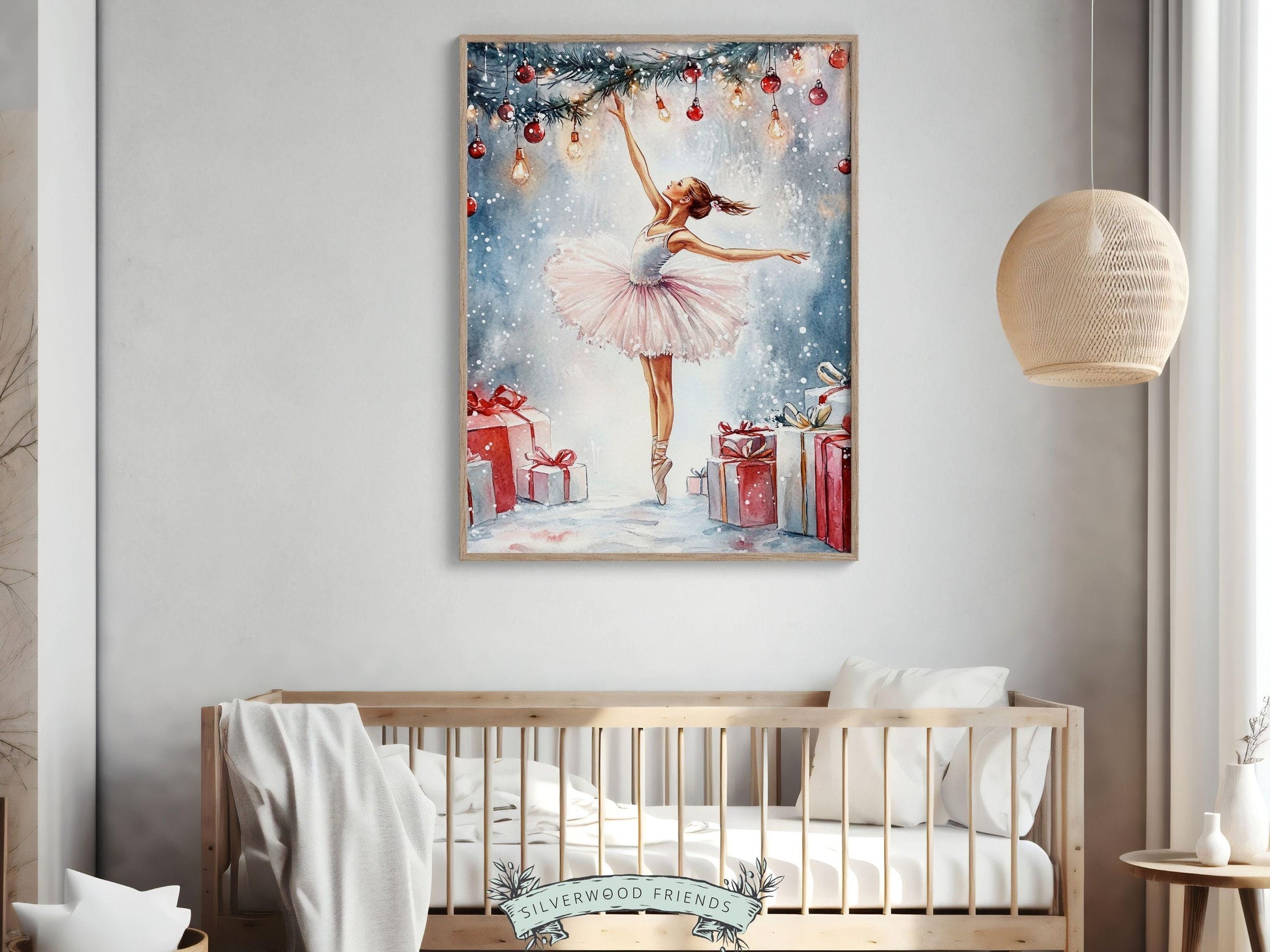 Ballerina Christmas Print, Ballet Nursery Decor Print, Festive Christmas Printable Wall Art, Seasonal Holiday Decor, Xmas Tree Digital Print