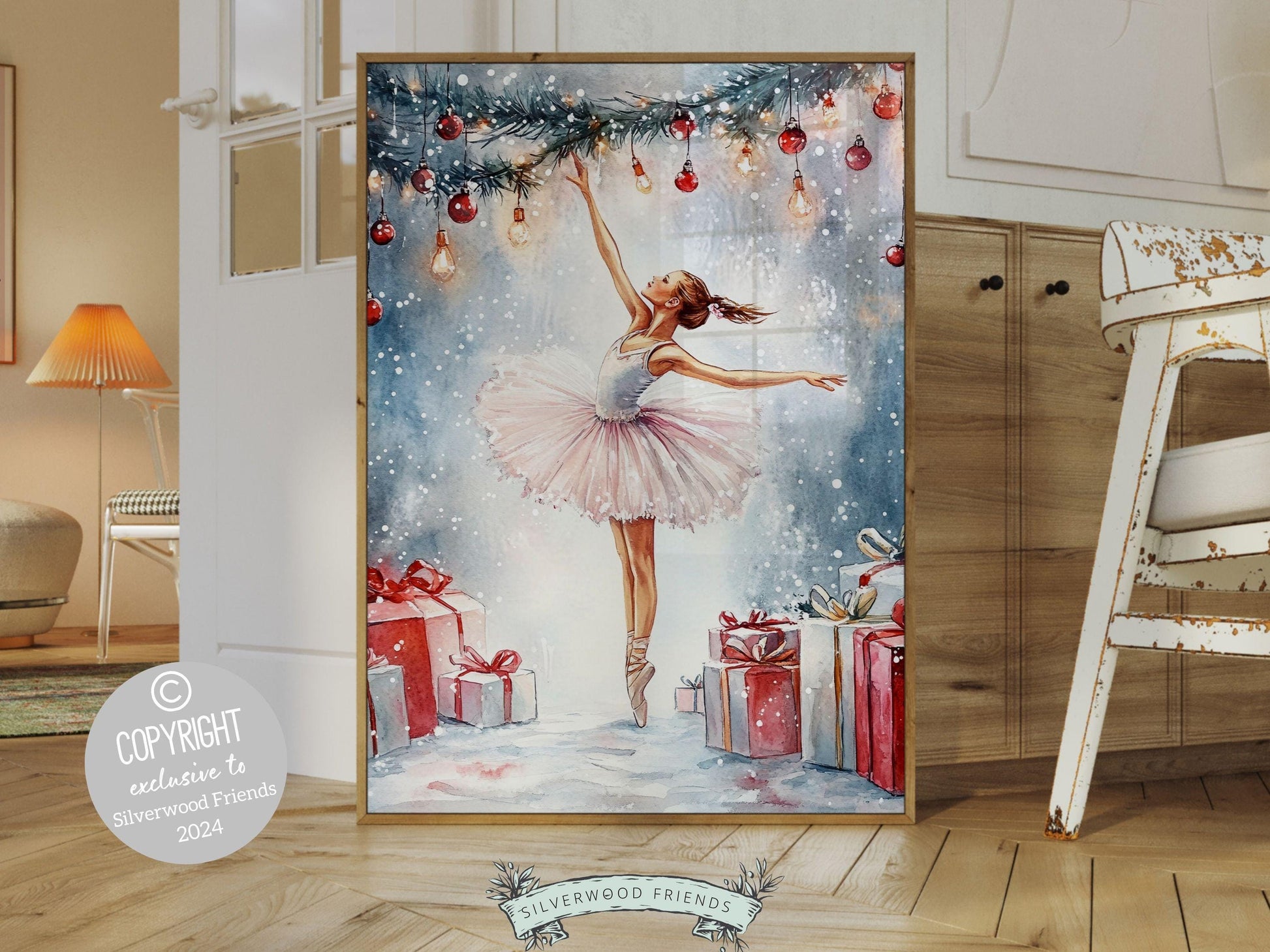 Our charming ballerina Christmas print showcases a sweet ballerina in a pink and white tutu, standing under twinkling lights with Christmas gifts and falling snow. The perfect gift for a ballet lover or a babys first Christmas