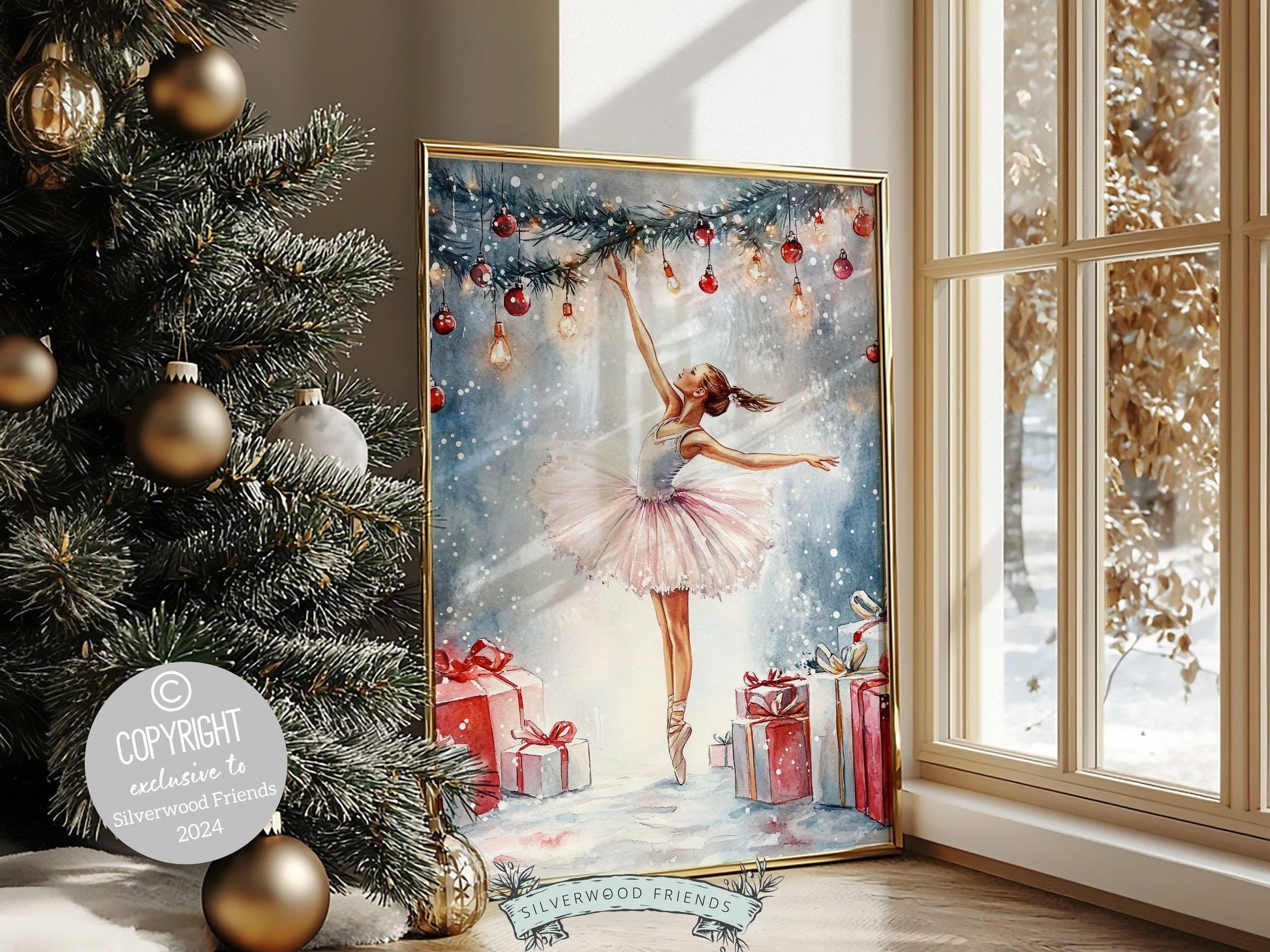 Ballerina Christmas Print, Ballet Nursery Decor Print, Festive Christmas Printable Wall Art, Seasonal Holiday Decor, Xmas Tree Digital Print