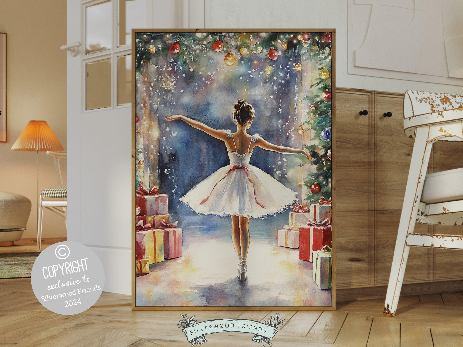 Our charming ballerina Christmas print showcases a sweet ballerina standing under twinkling lights with a Christmas tree and gifts beneath, gazing out at the night time falling snow. The perfect gift for a ballet lover or a babys first Christmas.