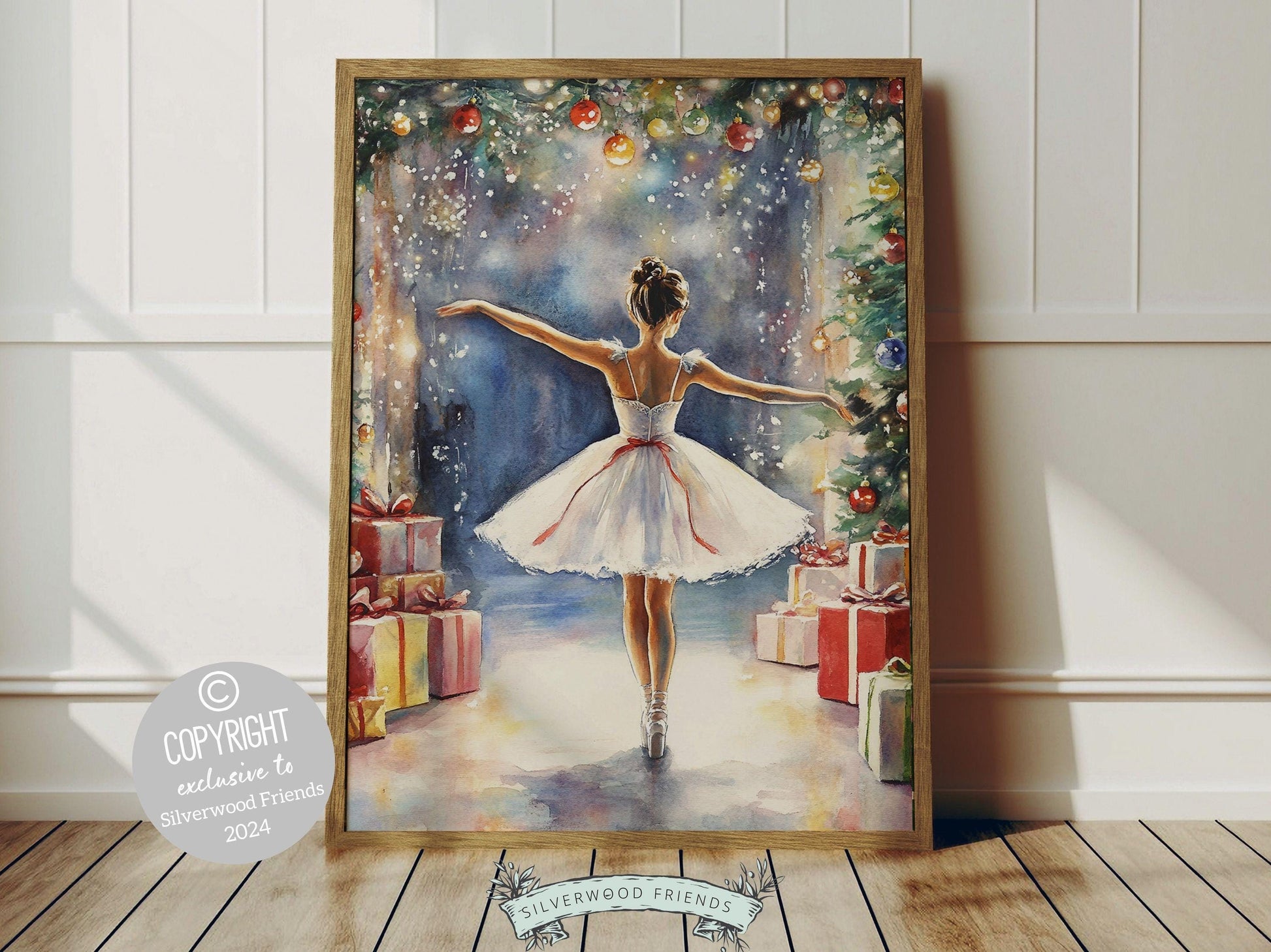 Ballerina Christmas Print, Ballet Nursery Decor Print, Festive Christmas Printable Wall Art, Seasonal Holiday Decor, Xmas Tree Digital Print