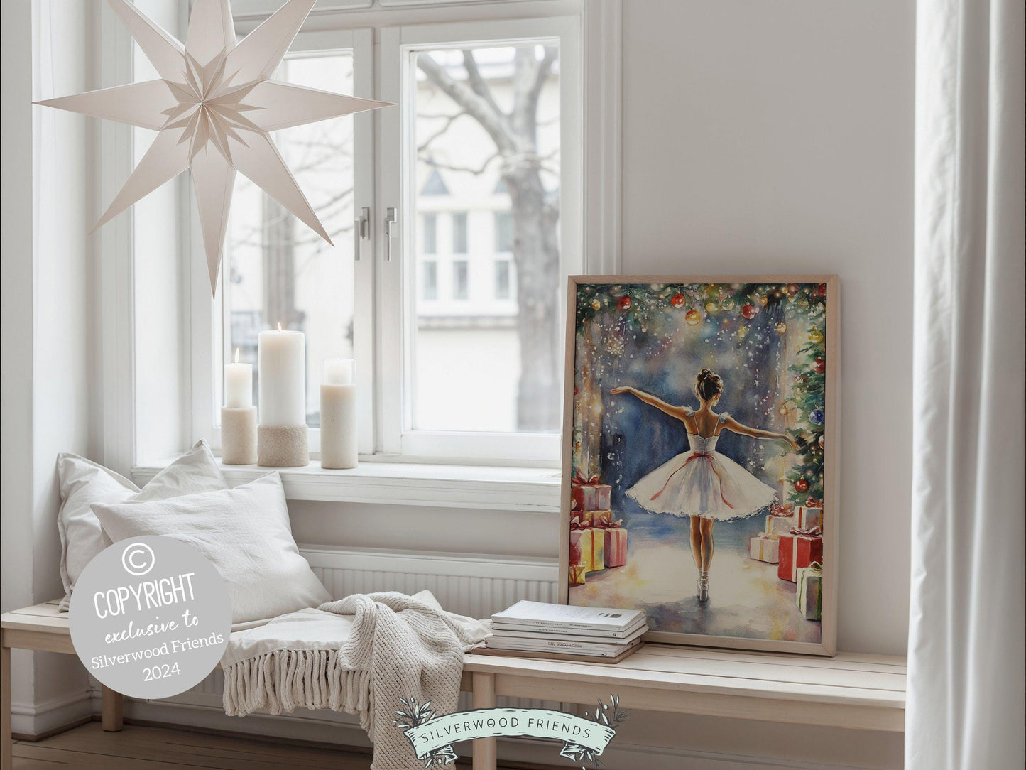 Ballerina Christmas Print, Ballet Nursery Decor Print, Festive Christmas Printable Wall Art, Seasonal Holiday Decor, Xmas Tree Digital Print