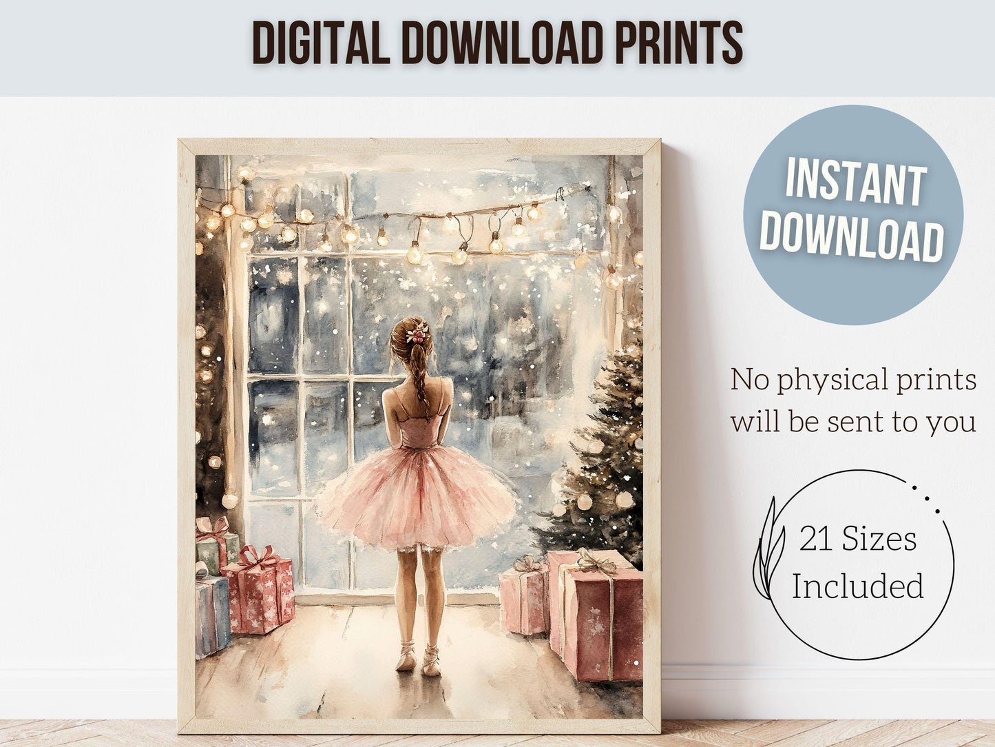 Ballerina Christmas Print, Ballet Nursery Decor Print, Festive Christmas Printable Wall Art, Seasonal Holiday Decor, Xmas Tree Digital Print