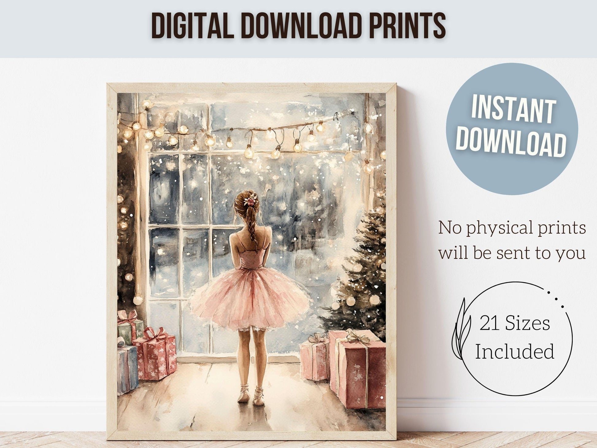 Ballerina Christmas Print, Ballet Nursery Decor Print, Festive Christmas Printable Wall Art, Seasonal Holiday Decor, Xmas Tree Digital Print
