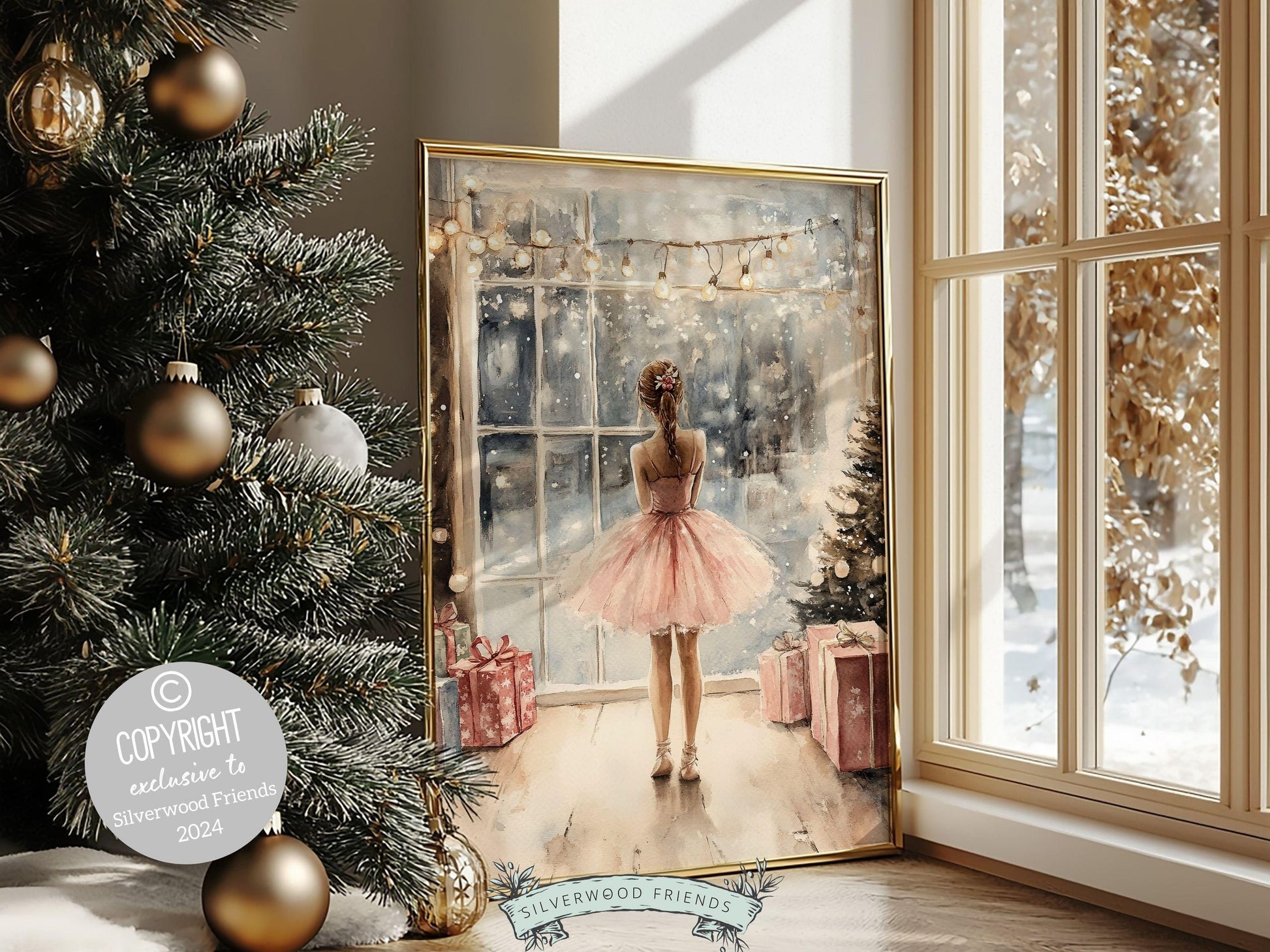 Ballerina Christmas Print, Ballet Nursery Decor Print, Festive Christmas Printable Wall Art, Seasonal Holiday Decor, Xmas Tree Digital Print