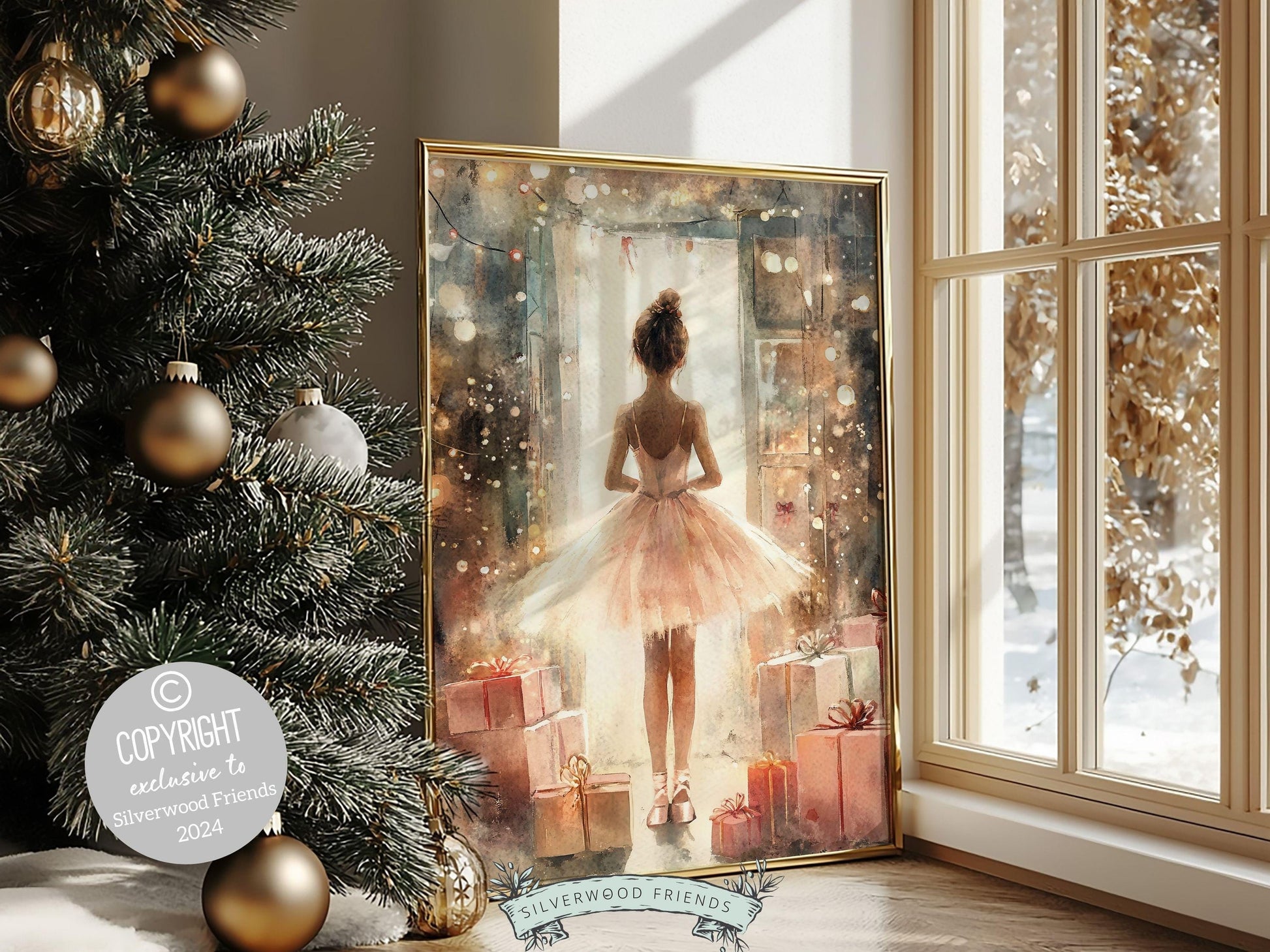 Ballerina Christmas Print, Ballet Nursery Decor Print, Festive Christmas Printable Wall Art, Seasonal Holiday Decor, Xmas Tree Digital Print