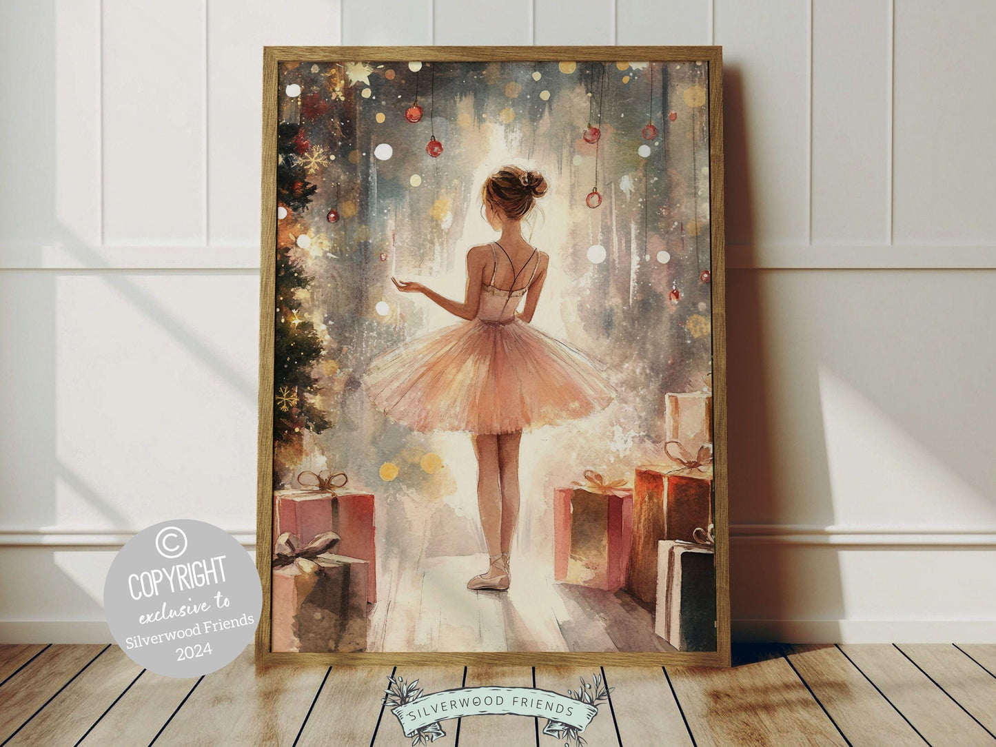 Our whimsical ballerina Christmas print showcases a sweet ballerina in a pale pink tutu, standing under twinkling fairy lights amidst a Christmas tree and gifts. The perfect gift for a young ballet lover or a babys first Christmas