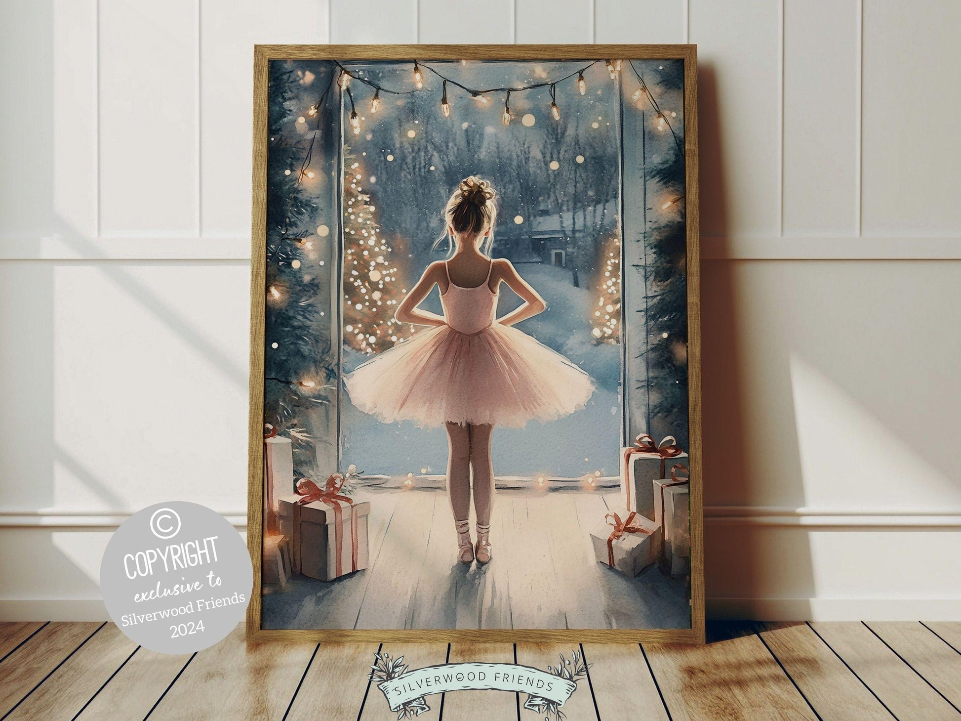 Our charming ballerina Christmas print showcases a sweet ballerina standing under twinkling lights with Christmas gifts and gazing out at the night time falling snow. The perfect gift for a ballet lover or a babys first Christmas