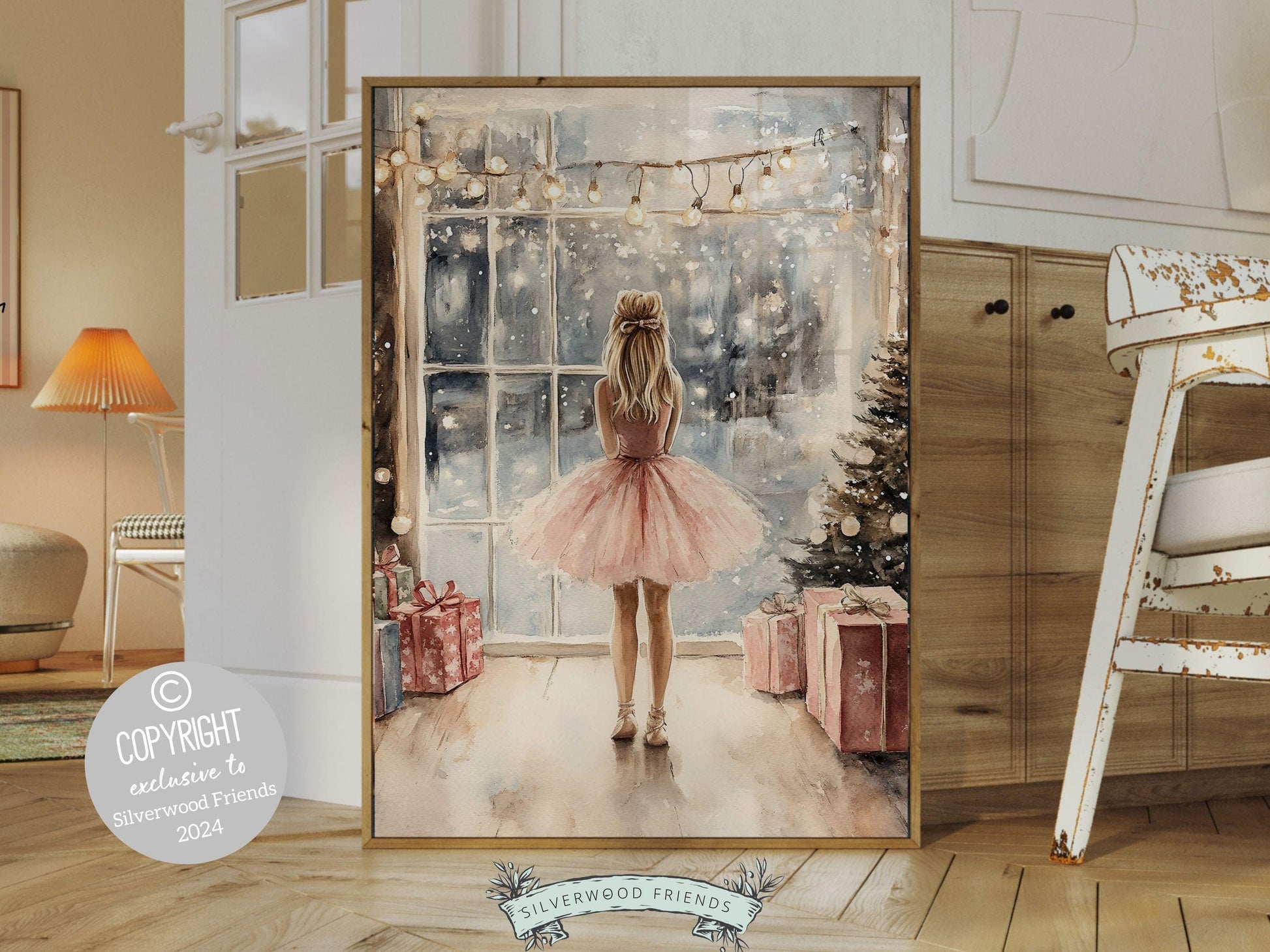 Ballerina Christmas Print, Baby Girl Ballet Nursery Decor Prints, Festive Christmas Printable Wall Art, Seasonal Holiday Decor Digital Print