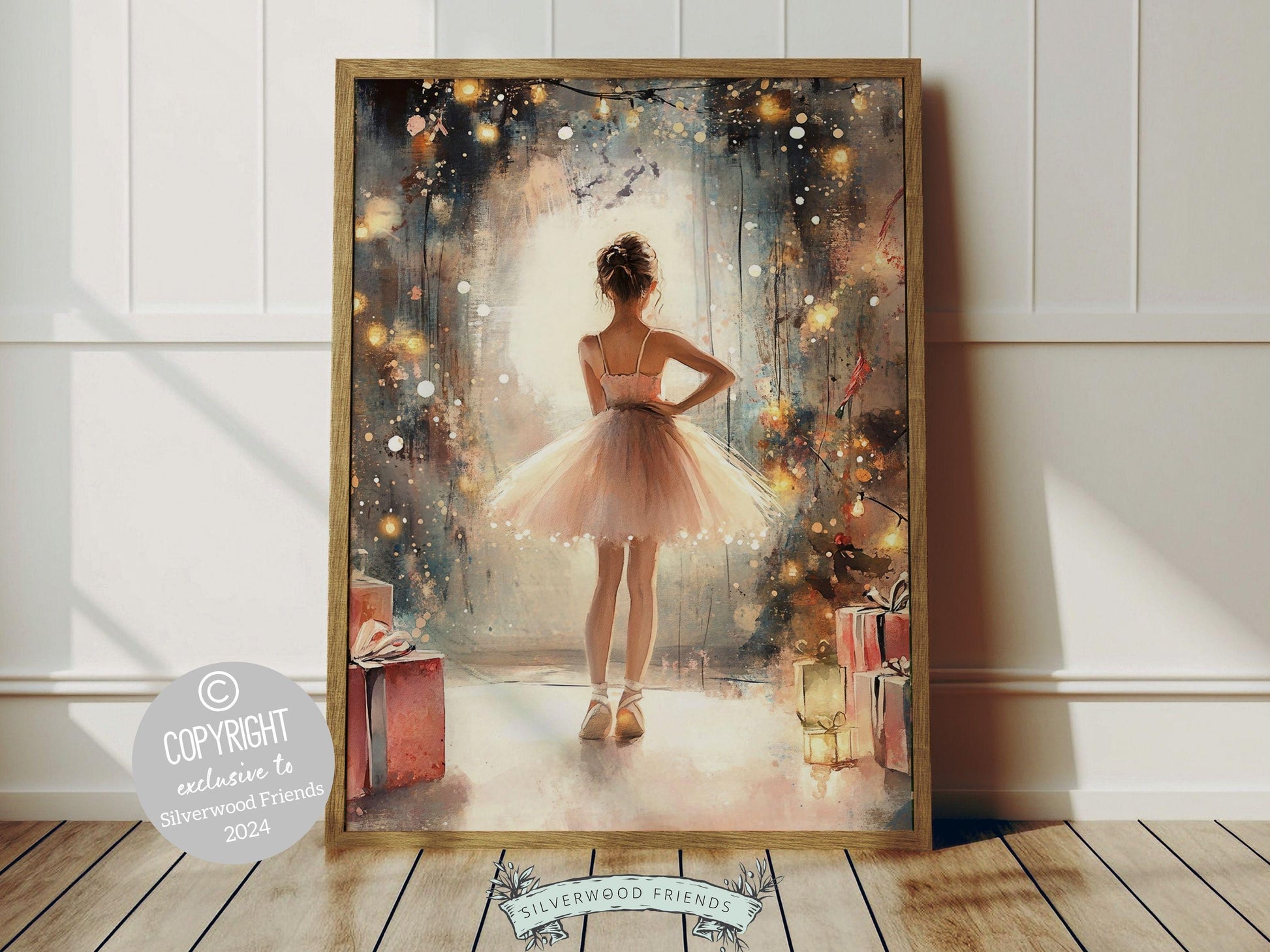 Our whimsical ballerina Christmas print showcases a sweet ballerina in a pale pink tutu, standing under twinkling fairy lights amidst a Christmas tree and gifts. The perfect gift for a ballet lover or a babys first Christmas