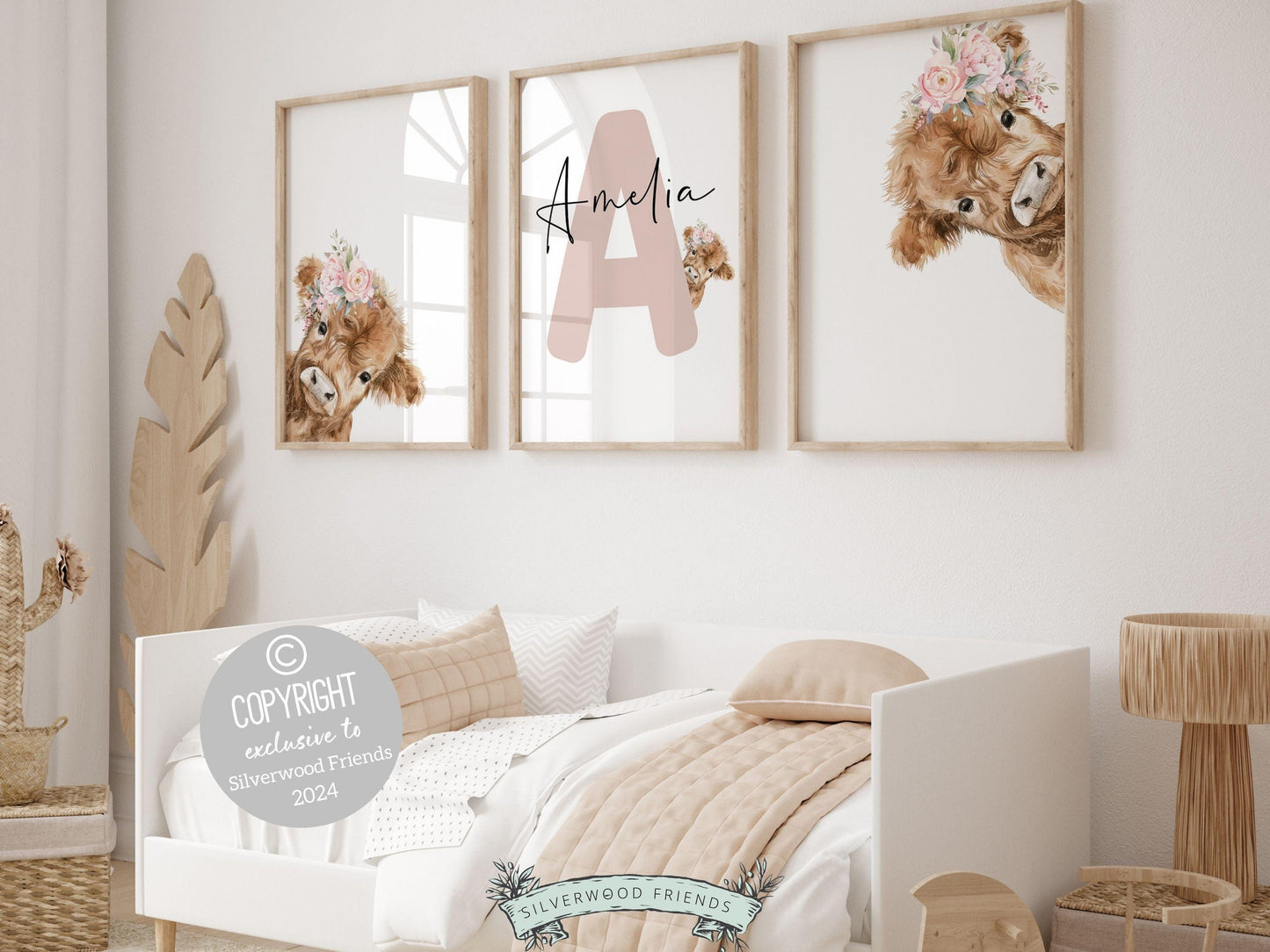 Our delightful minimalist Set of 3 Peeking Cow Custom Name Nursery Prints features adorable peeking cows with pink florals and a custom letter and name in your choice of color.