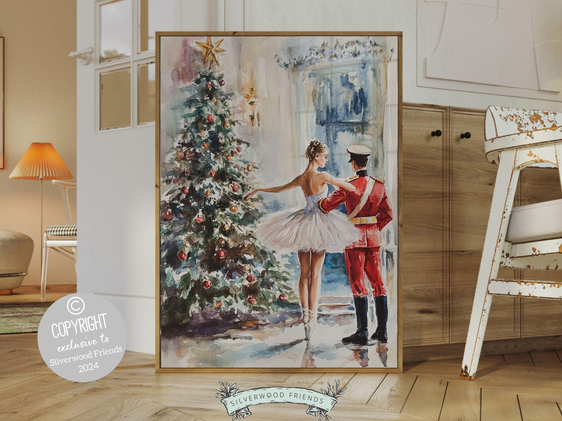 Nutcracker Ballet Christmas Print, Ballerina Christmas Printable Wall Art, Festive Christmas Holiday Hosting Decor, Xmas Tree Digital Print