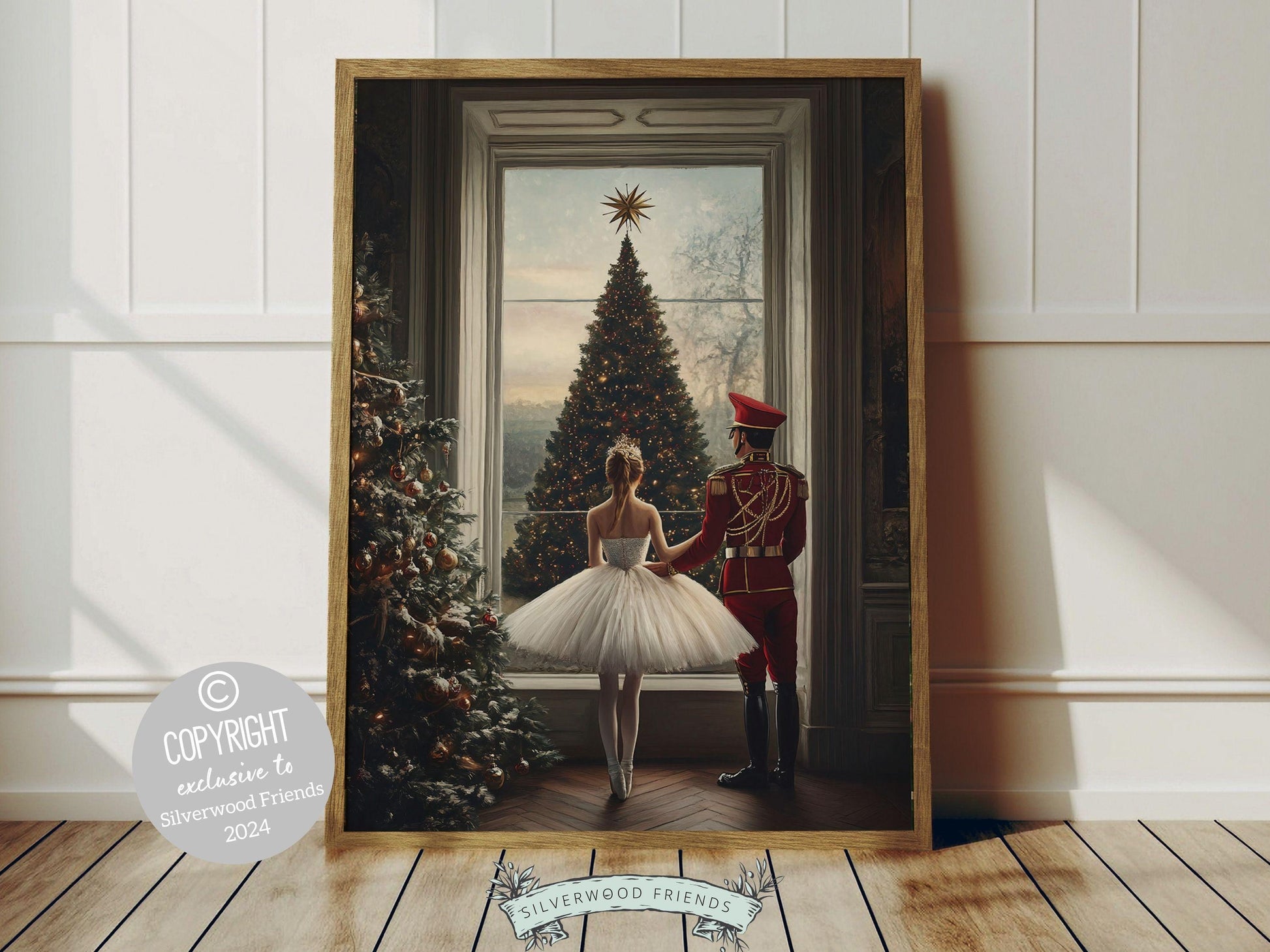 This enchanting Christmas ballet print captures a magical moment between a graceful ballerina and a Nutcracker soldier in front of a beautiful Christmas tree.