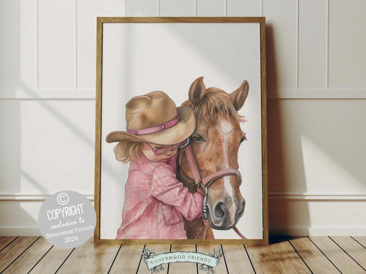 Immerse yourself in the timeless bond between cowgirl and horse with our enchanting watercolor print, depicting a cowgirl with her beloved horse.