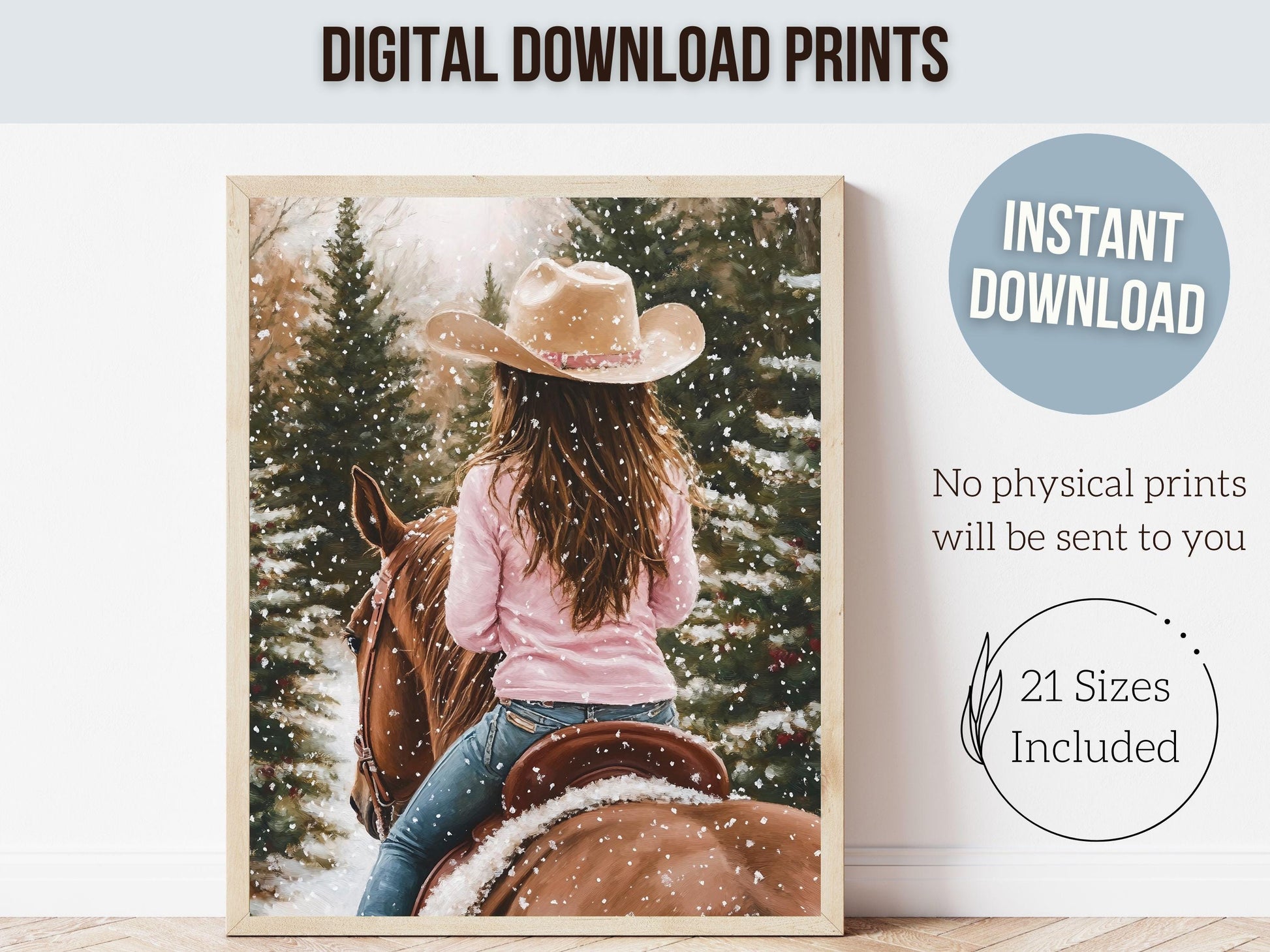 Cowgirl Horse Christmas Print, Baby Girl Western Cowgirl Horse Nursery Decor, Seasonal Decor, Holiday Art, Christmas Tree Farm Digital Print