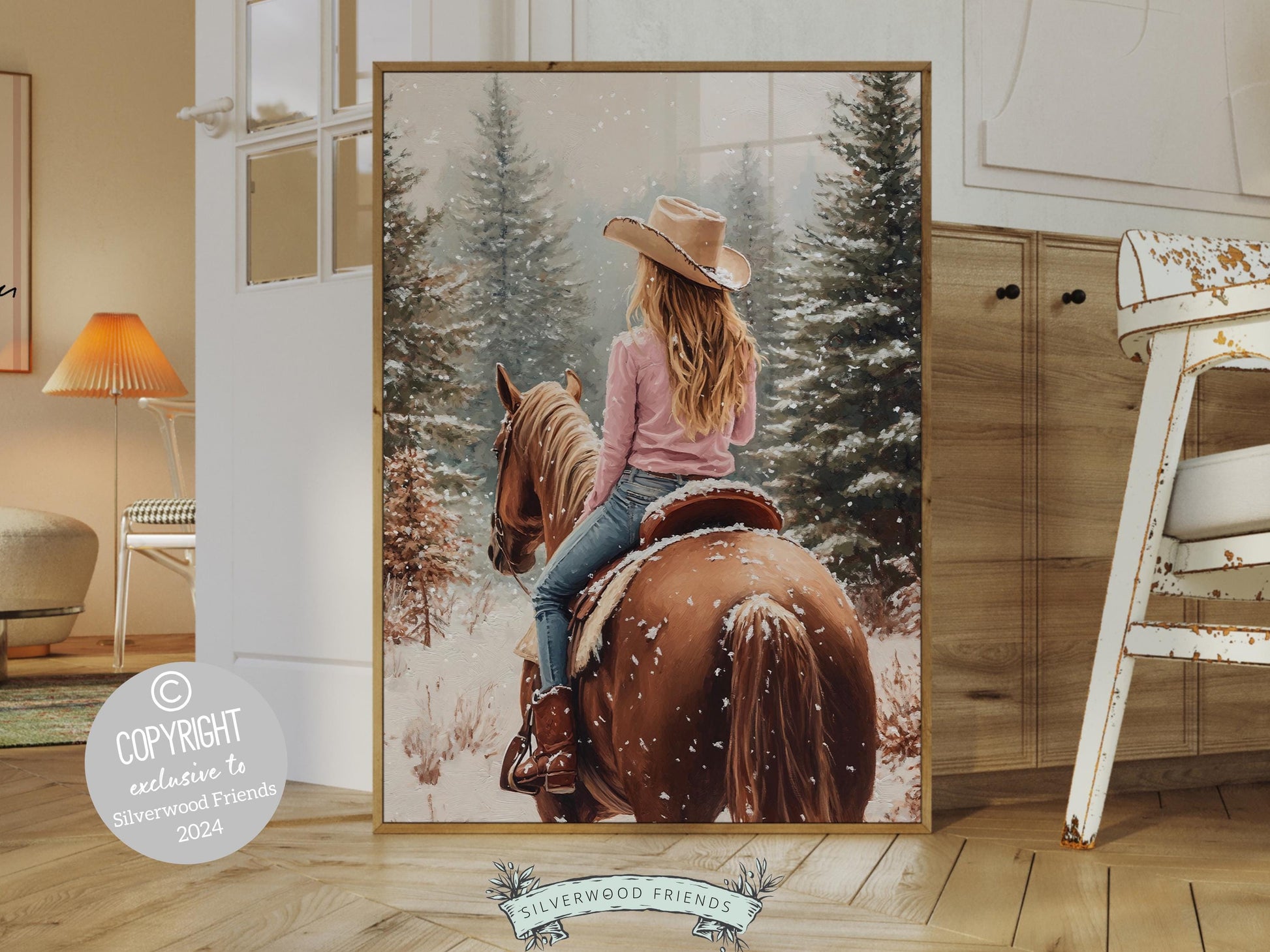 Cowgirl Horse Christmas Wall Art, Western Cowgirl Horse Nursery Wall Decor, Winter Forest Wall Decor, Christmas Cowgirl Horse Digital Print