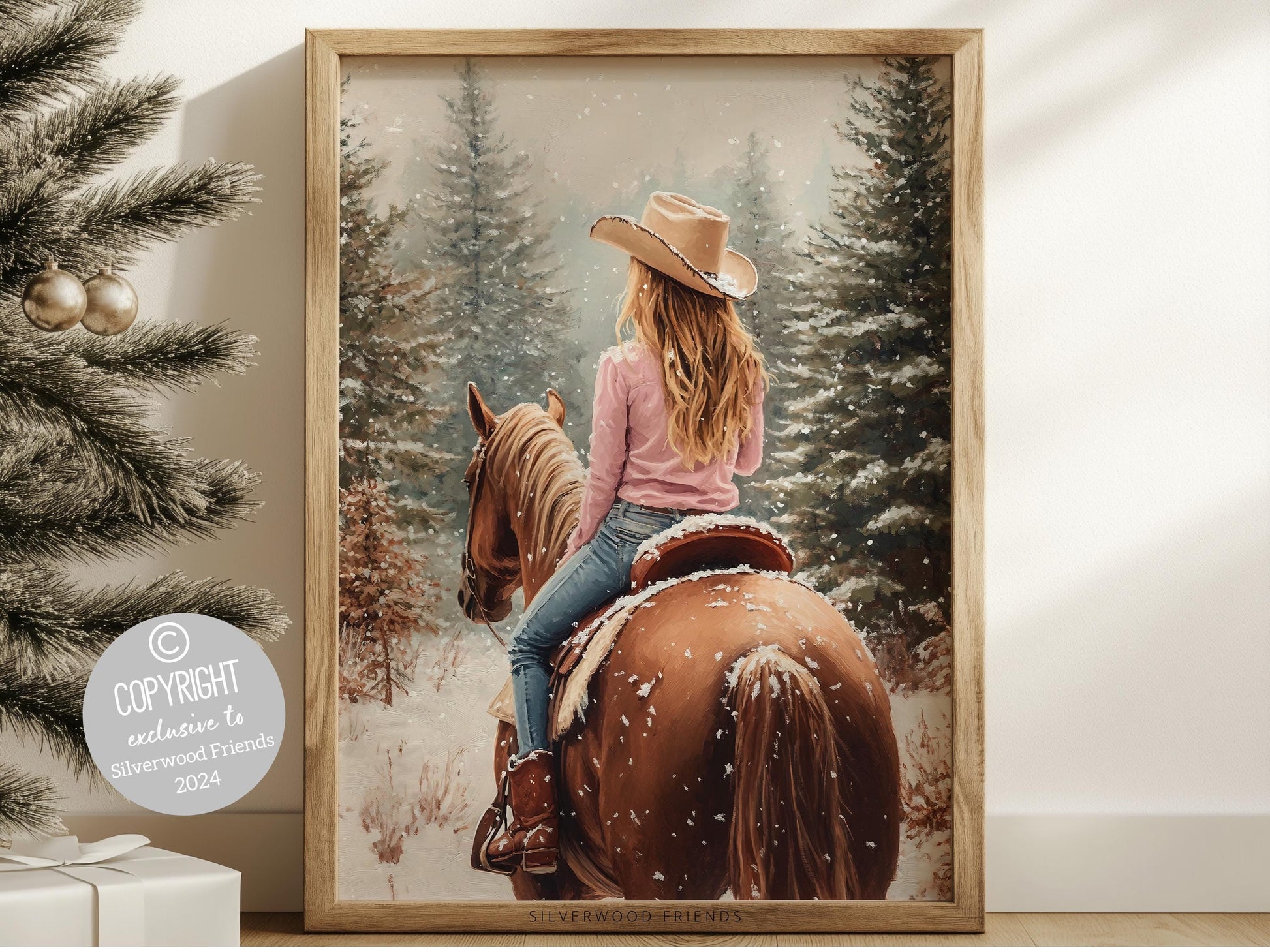 Cowgirl Horse Christmas Wall Art, Western Cowgirl Horse Nursery Wall Decor, Winter Forest Wall Decor, Christmas Cowgirl Horse Digital Print