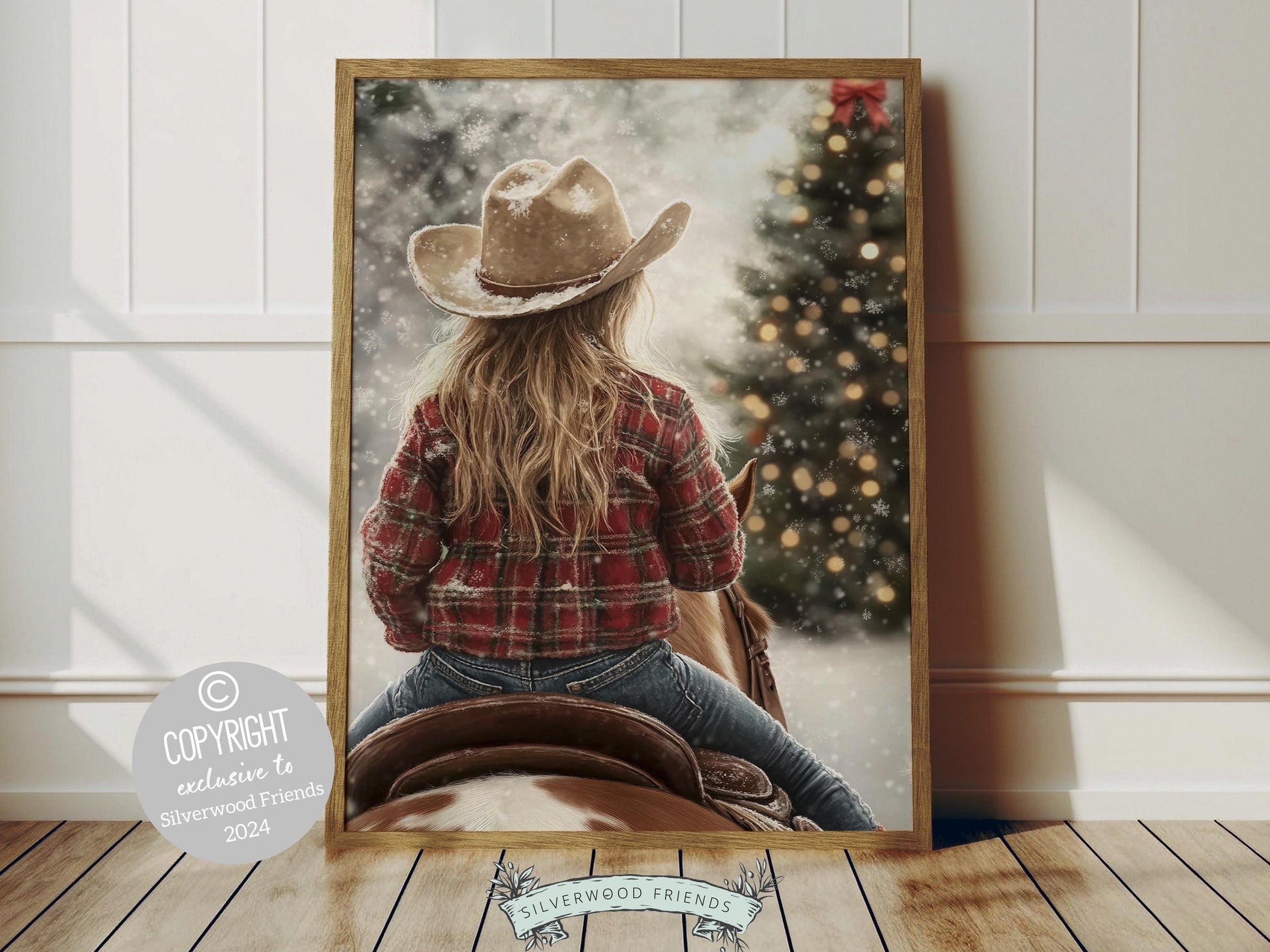 Infuse your home with the cozy charm of the West with this enchanting cowgirl Christmas print, featuring a cowgirl riding her horse through the snow—the perfect decor for any room and a heartfelt gift for horse lovers!