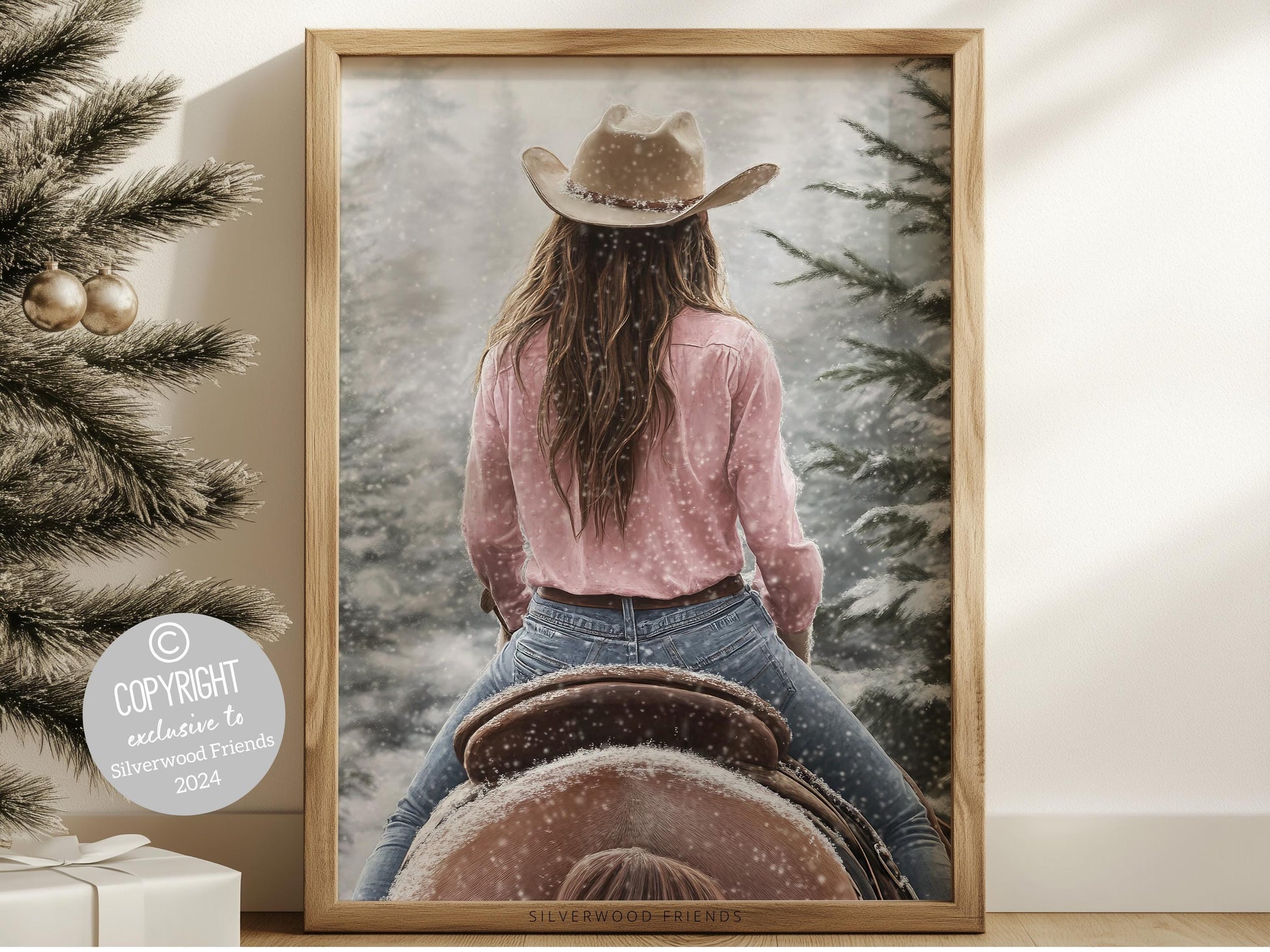 Cowgirl Horse Christmas Wall Art, Western Cowgirl Horse Nursery Decor, Rustic Farmhouse Holiday Decor, Winter Mountain Forest Digital Print
