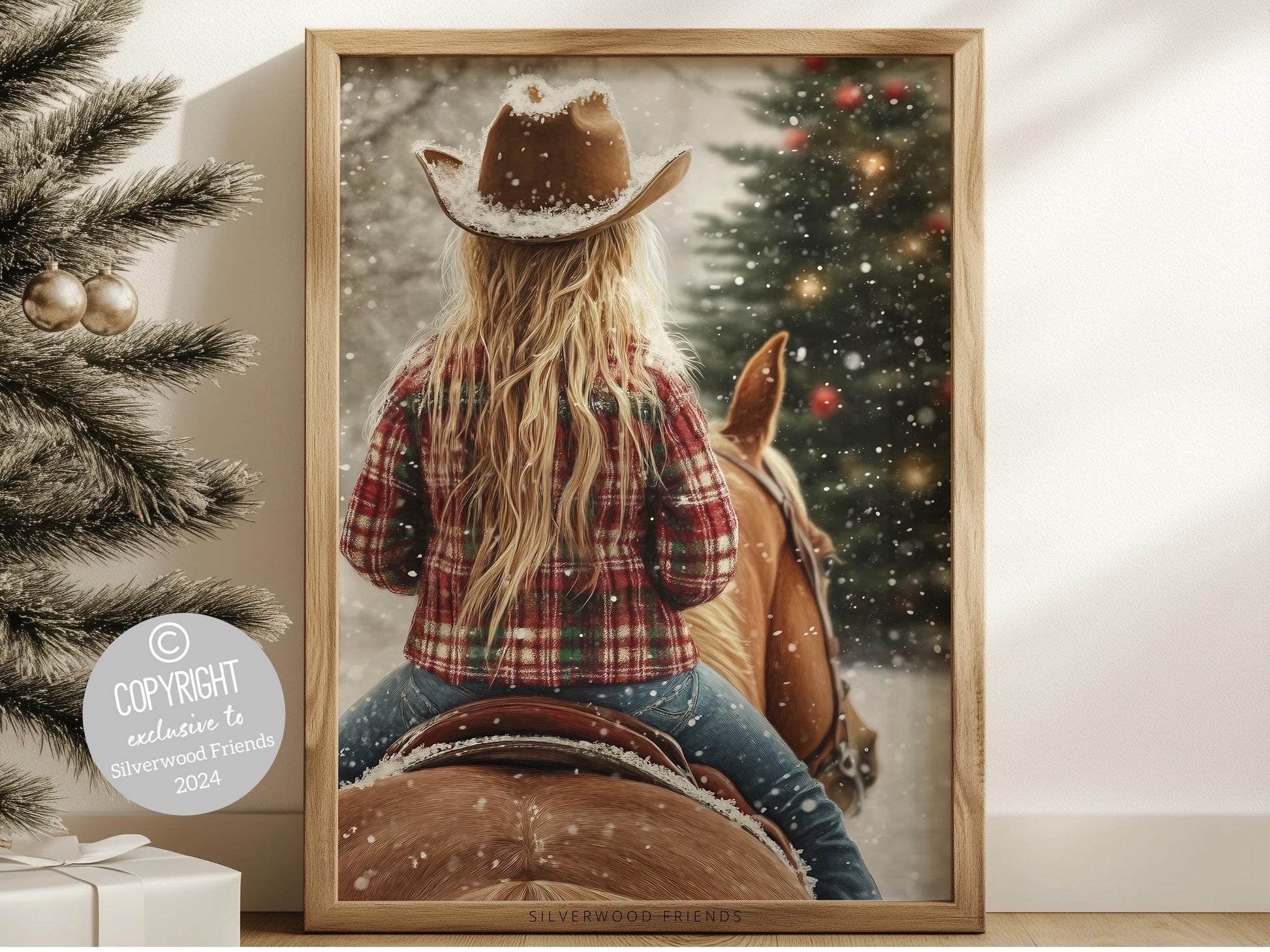 Cowgirl Horse Christmas Wall Art, Western Cowgirl Horse Nursery Wall Decor, Winter Forest Wall Decor, Christmas Cowgirl Horse Digital Print