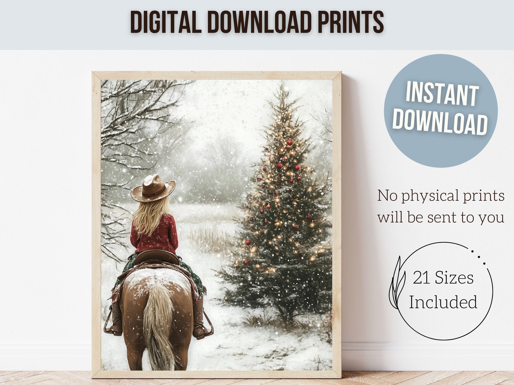Cowgirl Horse Christmas Wall Art, Western Cowgirl Horse Nursery Wall Decor, Rustic Farmhouse Wall Decor, Winter Horse Riding Digital Print