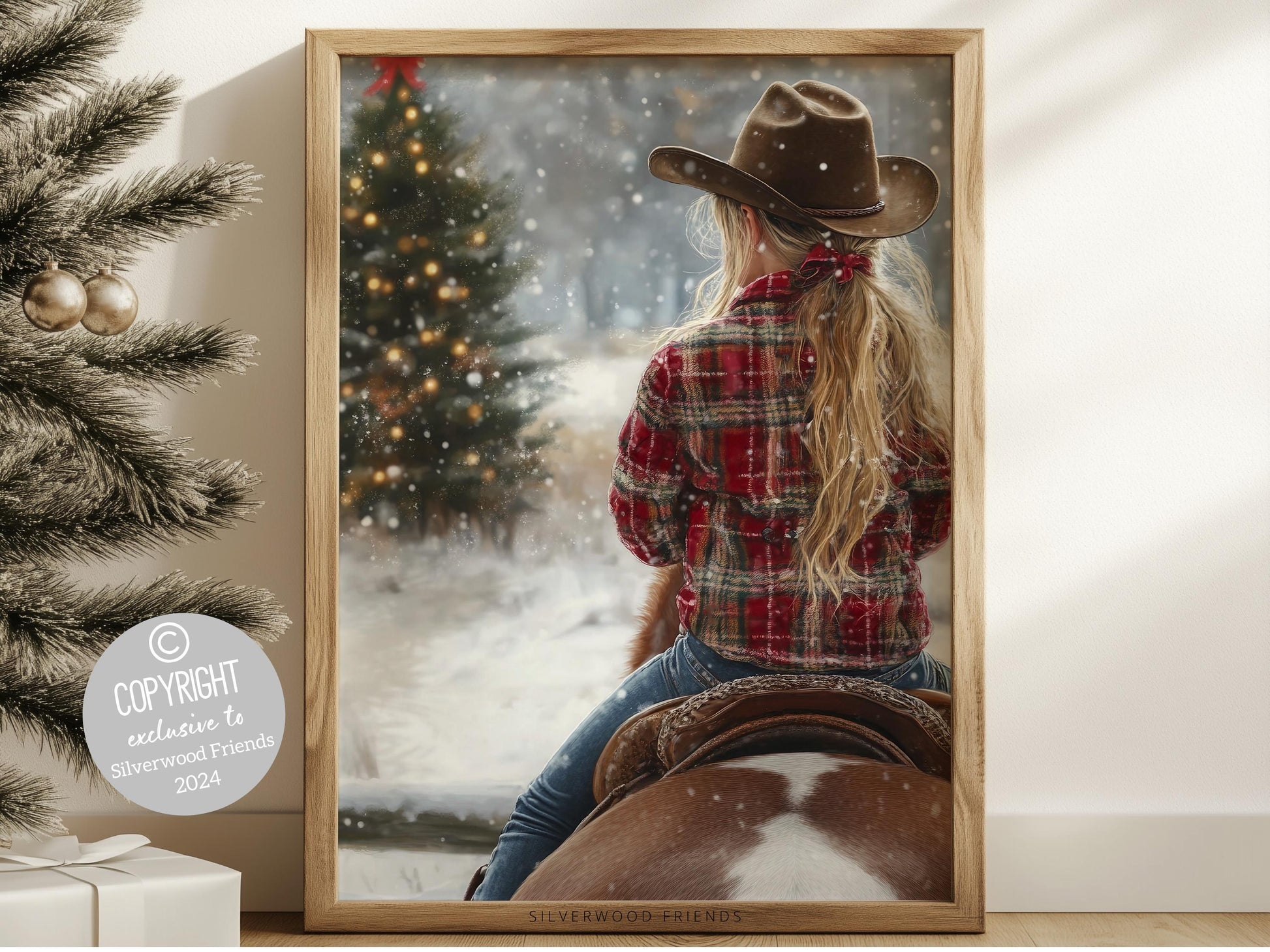 Cowgirl Horse Christmas Wall Art, Western Cowgirl Horse Nursery Wall Decor, Festive Holiday Decor Gift, Rustic Farmhouse Decor Digital Print