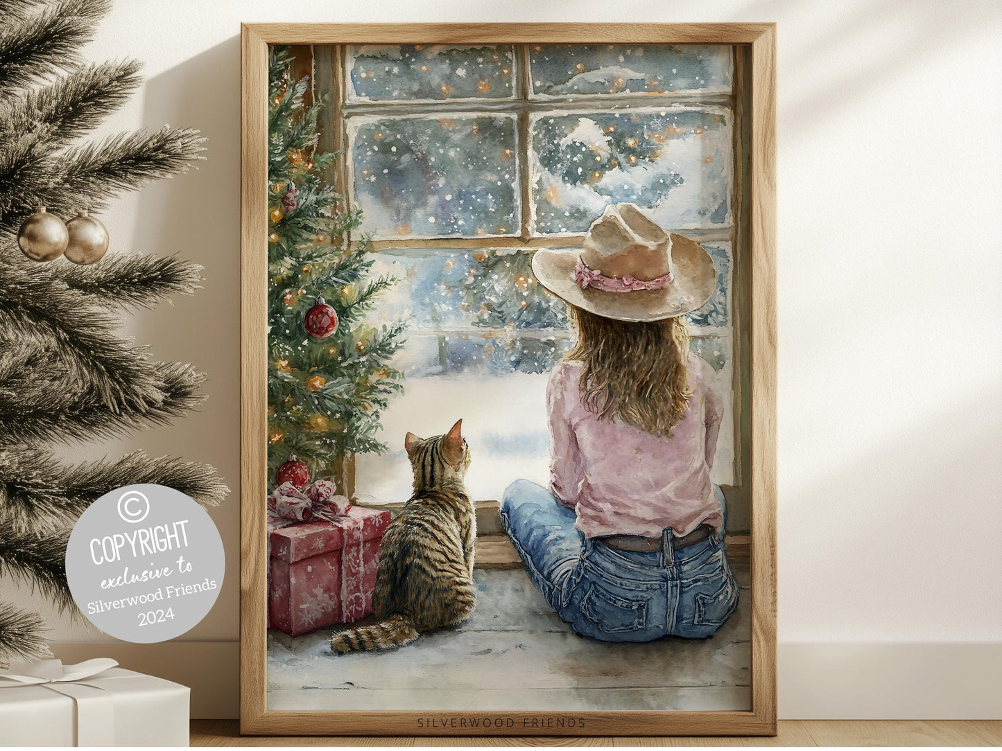 Add a touch of Western magic to your home with this whimsical cowgirl Christmas print, featuring a festive cowgirl and her curious cat by a stack of Christmas gifts, dreaming by the window as snowflakes dance outside