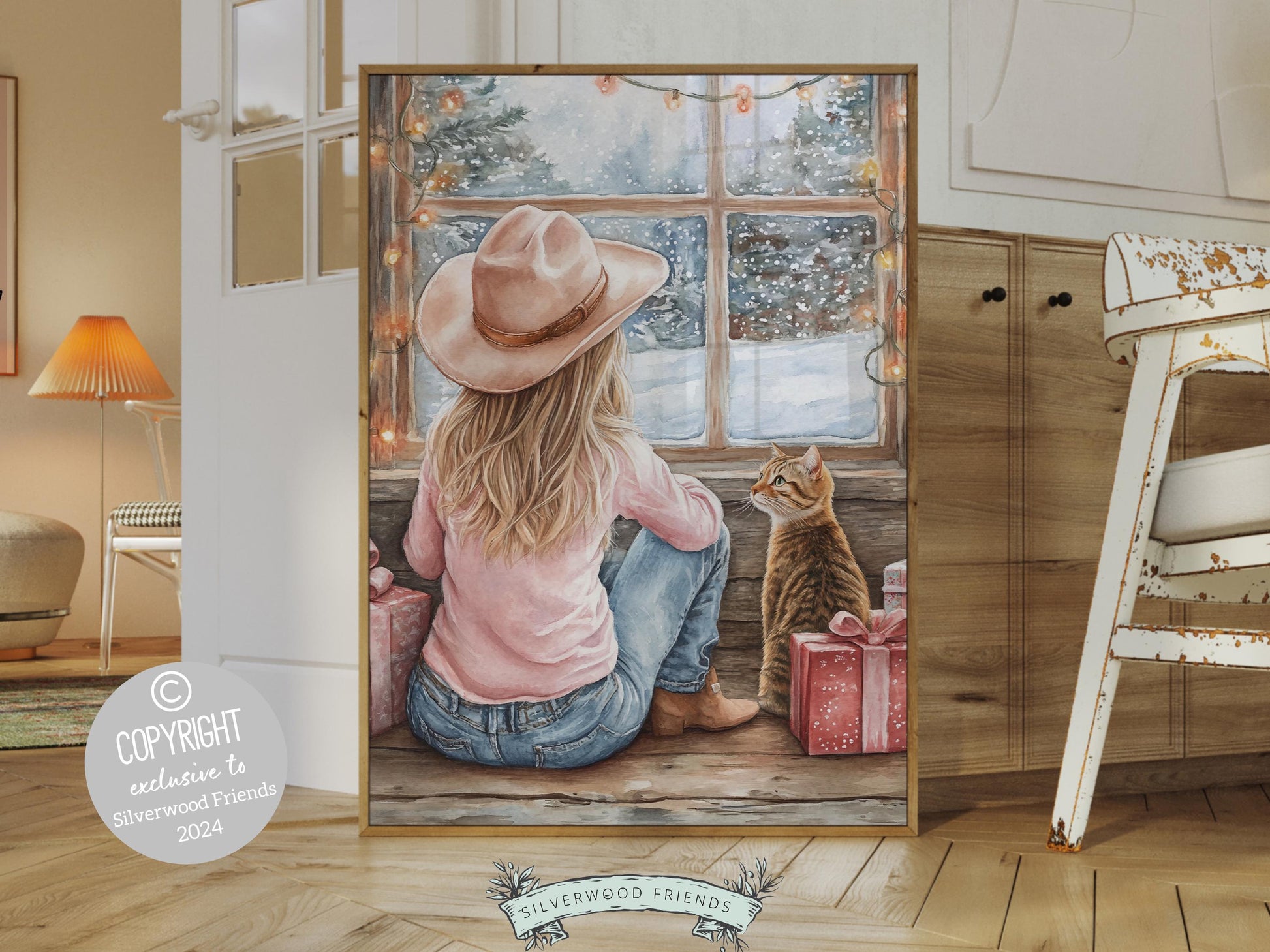 Cowgirl Country Christmas Cat Print, Cowgirl Nursery Decor, Baby Girl Western Christmas Nursery Decor,Christmas Cat Lover Gift Digital Print