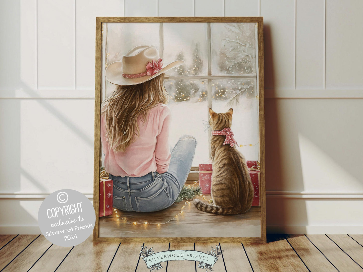 Add a touch of Western magic to your home with this whimsical cowgirl Christmas print, featuring a festive cowgirl and her curious cat by a stack of Christmas gifts, dreaming by the window as snowflakes dance outside