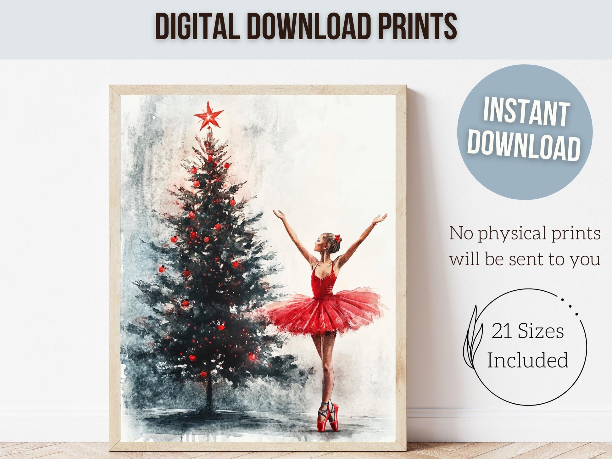 Christmas Tree Ballerina Print, Red Ballerina Christmas Printable Wall Art, Festive Christmas Decor, Girls Ballet Dancing Gift Digital Print