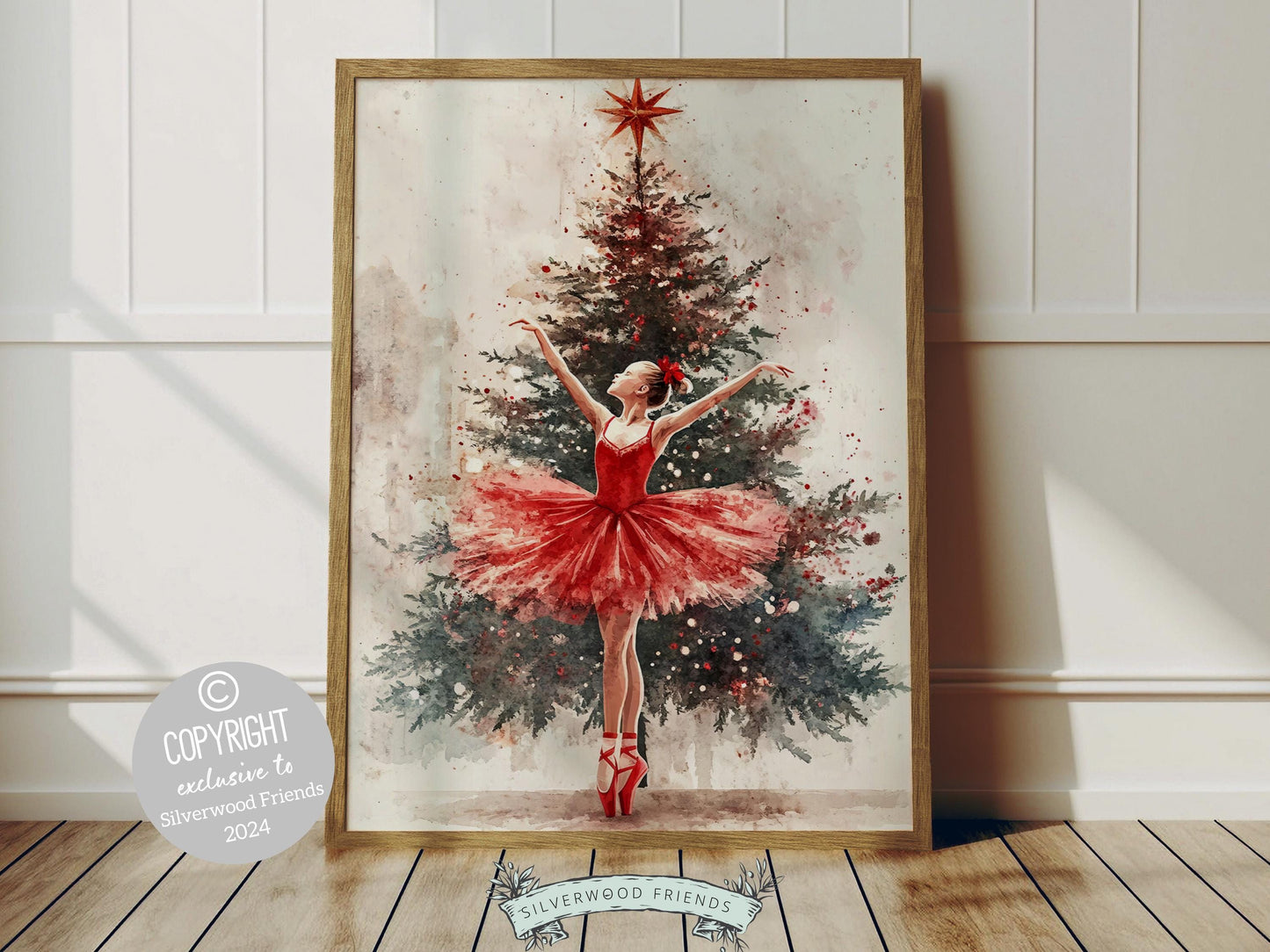 Ballerina Christmas Tree Print, Red Ballerina Christmas Printable Wall Art, Girls Ballet Dancing Gift, Festive Christmas Decor Digital Print