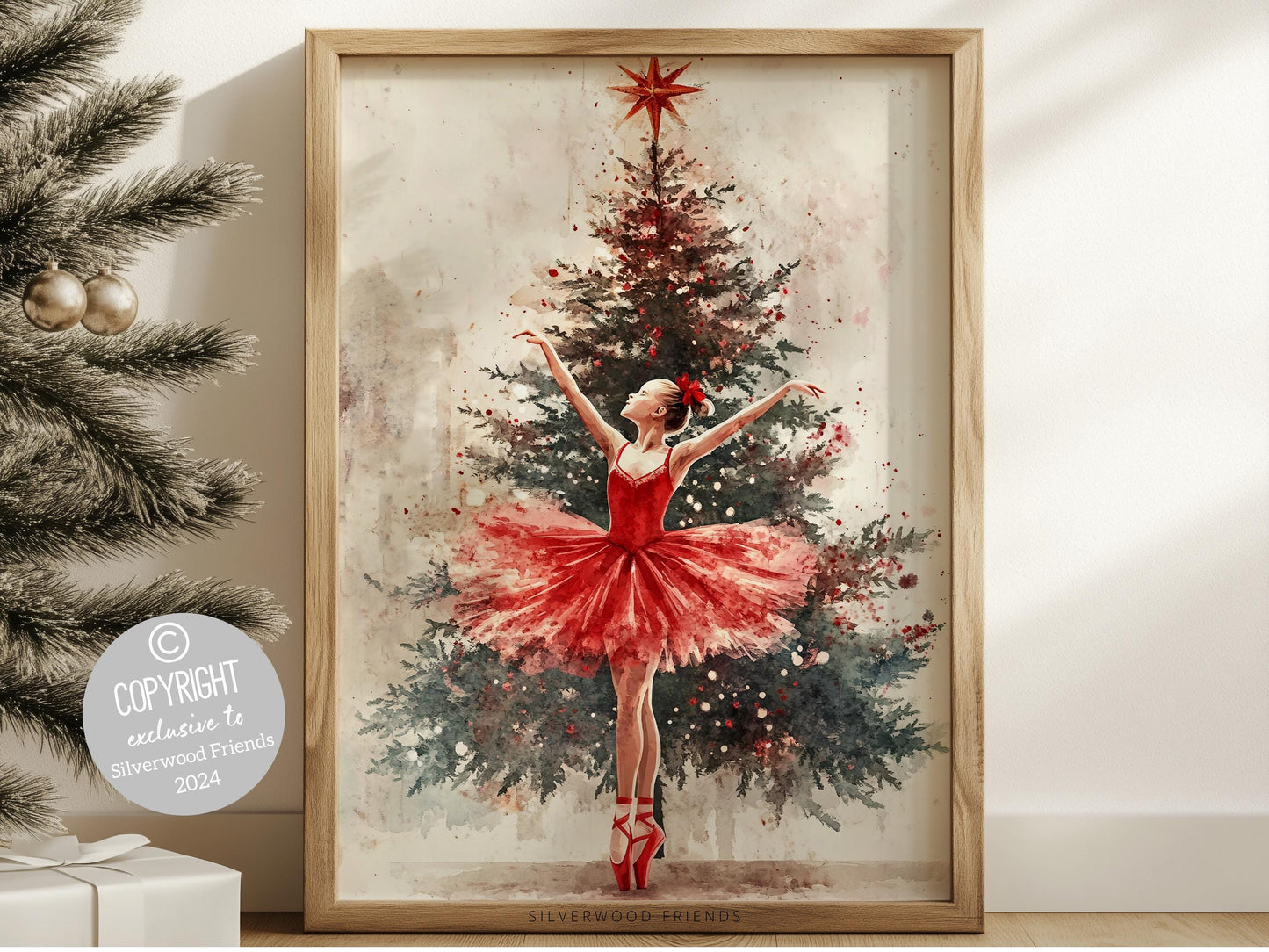 Ballerina Christmas Tree Print, Red Ballerina Christmas Printable Wall Art, Girls Ballet Dancing Gift, Festive Christmas Decor Digital Print