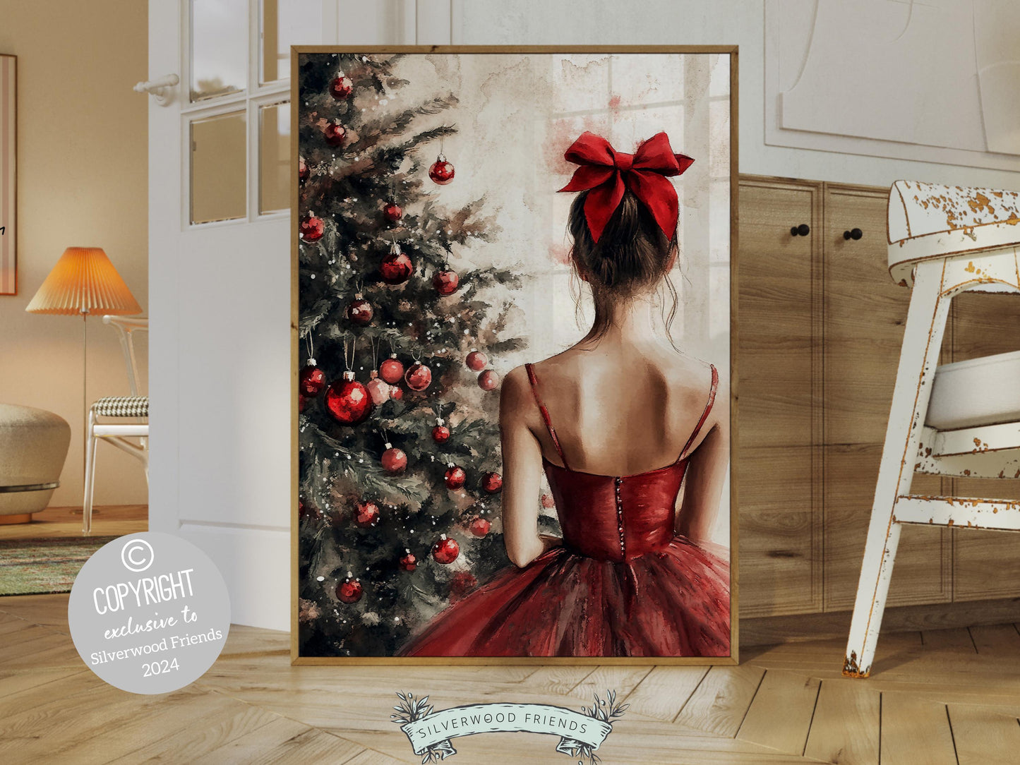 Ballerina Christmas Tree Print, Red Ballerina Christmas Printable Wall Art, Girls Ballet Dancing Gift, Festive Christmas Decor Digital Print