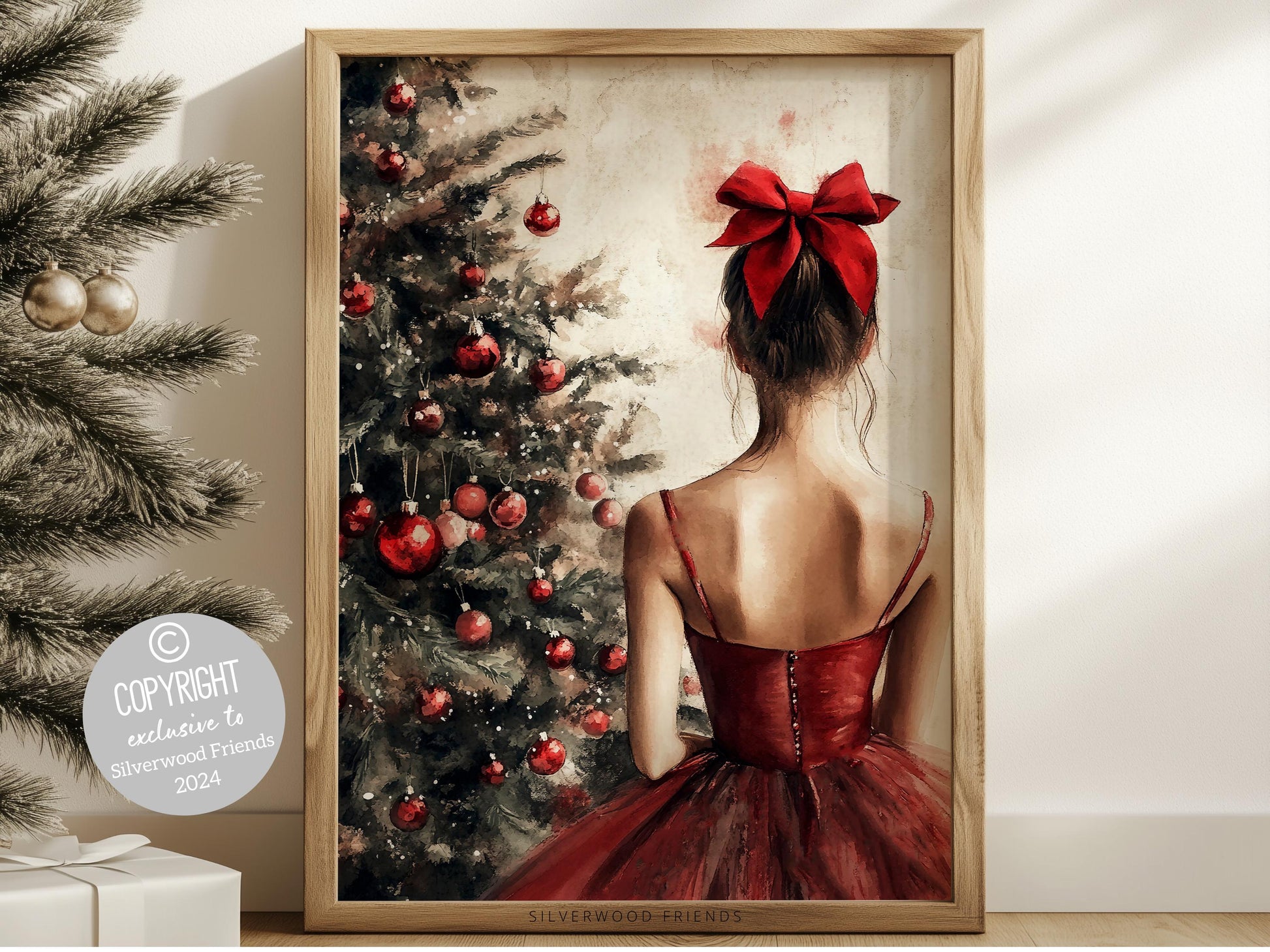 Ballerina Christmas Tree Print, Red Ballerina Christmas Printable Wall Art, Girls Ballet Dancing Gift, Festive Christmas Decor Digital Print