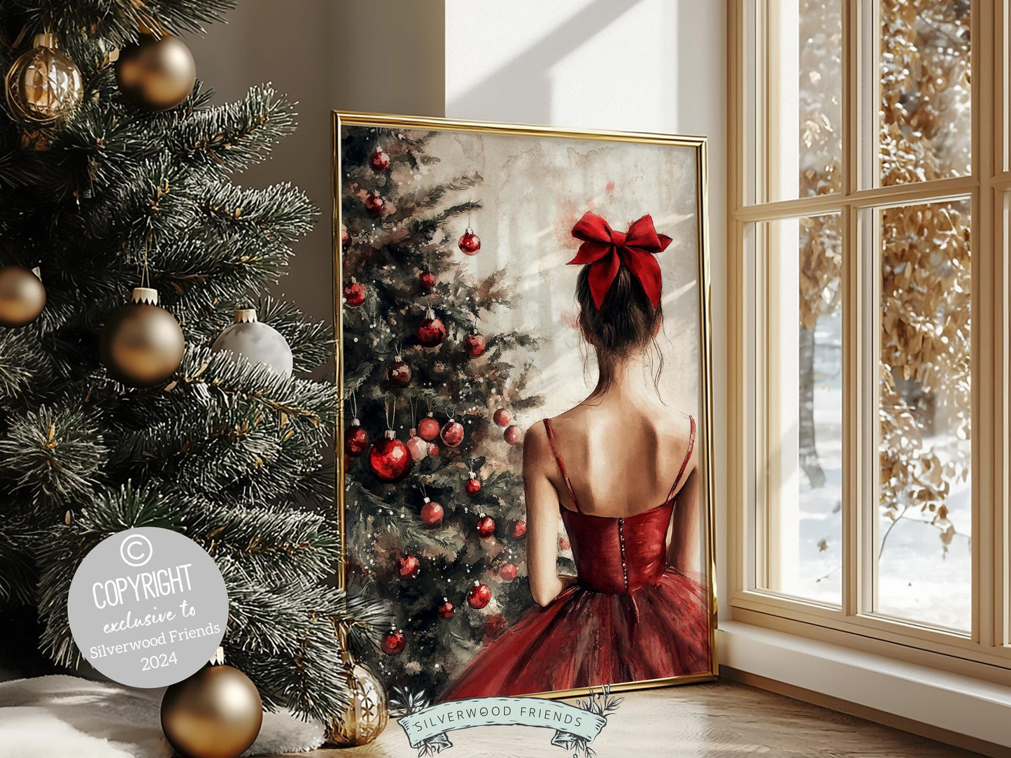 Ballerina Christmas Tree Print, Red Ballerina Christmas Printable Wall Art, Girls Ballet Dancing Gift, Festive Christmas Decor Digital Print
