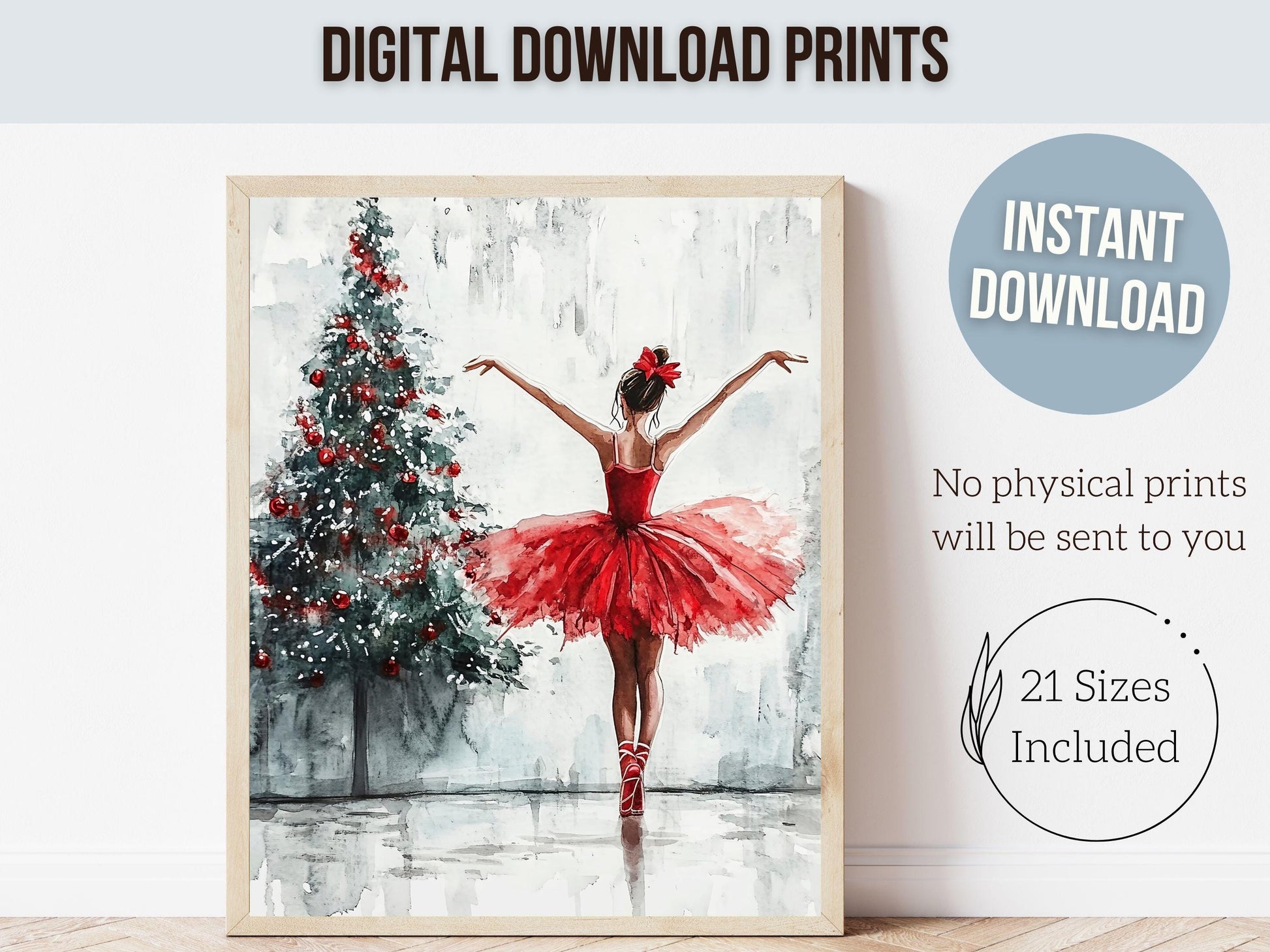 Ballerina Christmas Tree Print, Red Ballerina Christmas Printable Wall Art, Girls Ballet Dancing Gift, Festive Christmas Decor Digital Print