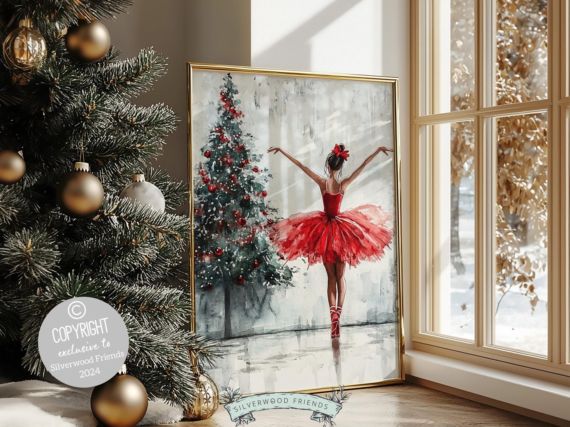 Ballerina Christmas Tree Print, Red Ballerina Christmas Printable Wall Art, Girls Ballet Dancing Gift, Festive Christmas Decor Digital Print