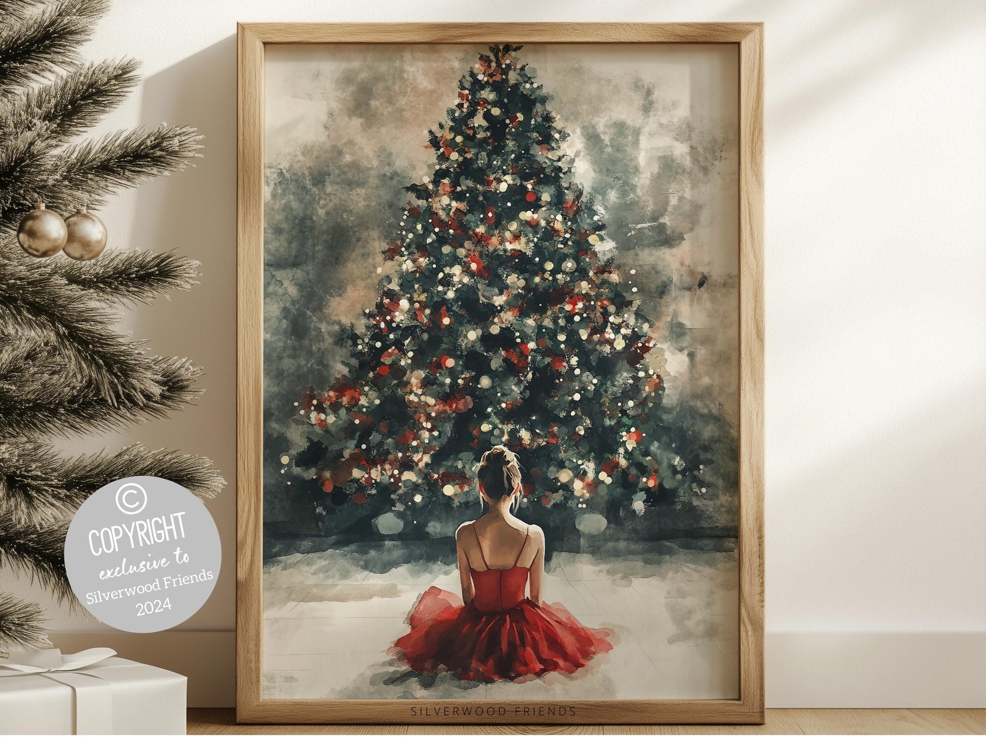 Ballerina Christmas Tree Print, Red Ballerina Christmas Printable Wall Art, Girls Ballet Dancing Gift, Festive Christmas Decor Digital Print