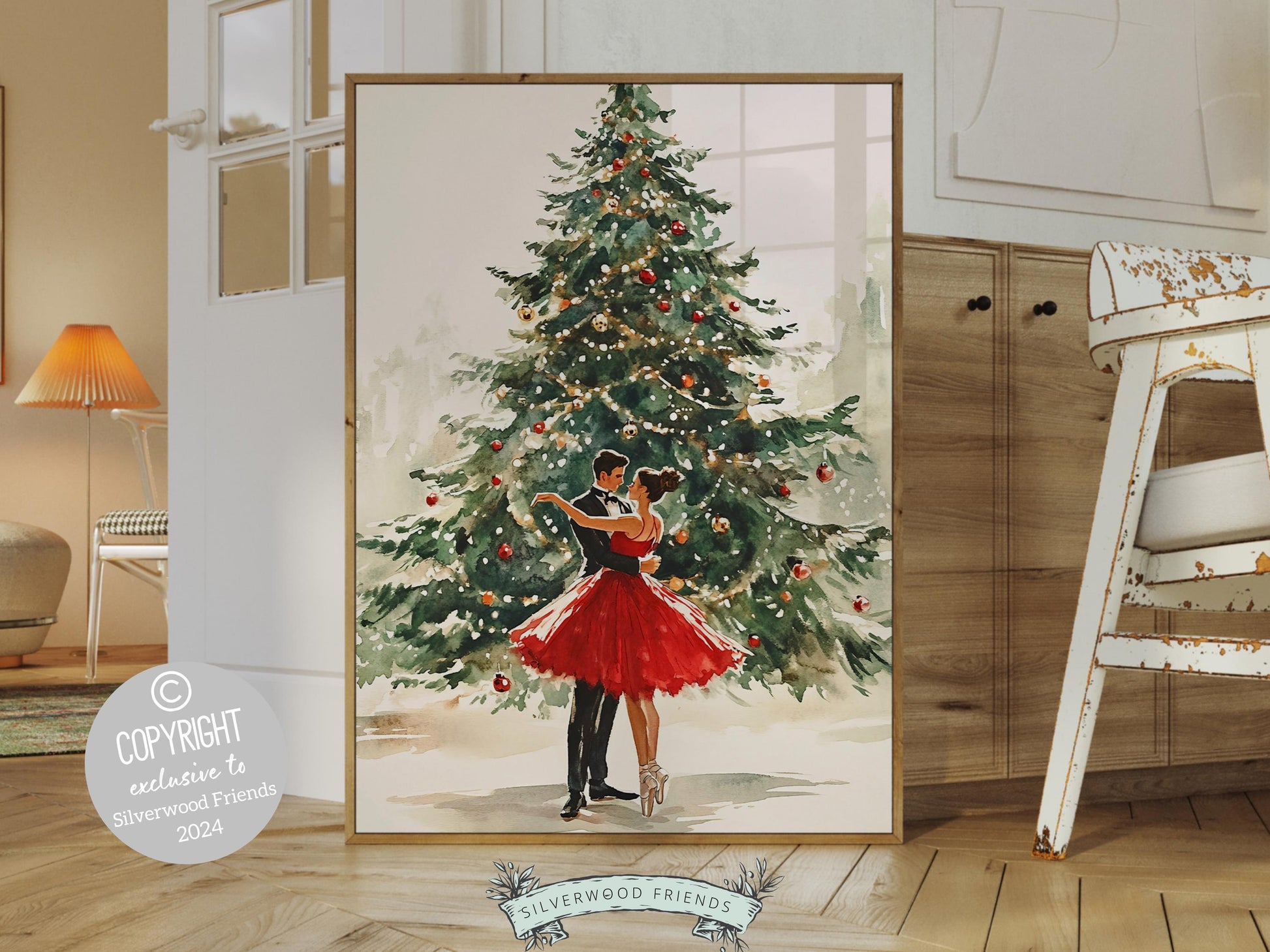 Romantic Ballet Christmas Print, Ballerina Christmas Printable Wall Art, Girlfriend Xmas Gift, Festive Christmas Holiday Decor Digital Print