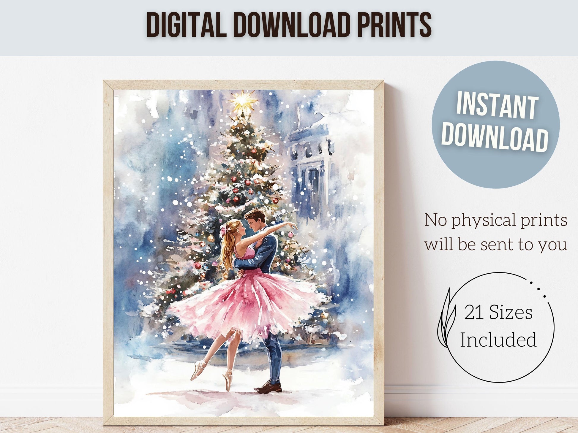 Pink Ballet Christmas Print, Ballerina Christmas Printable Wall Art, Festive Christmas Holiday Decor, Couples Christmas Tree Digital Print